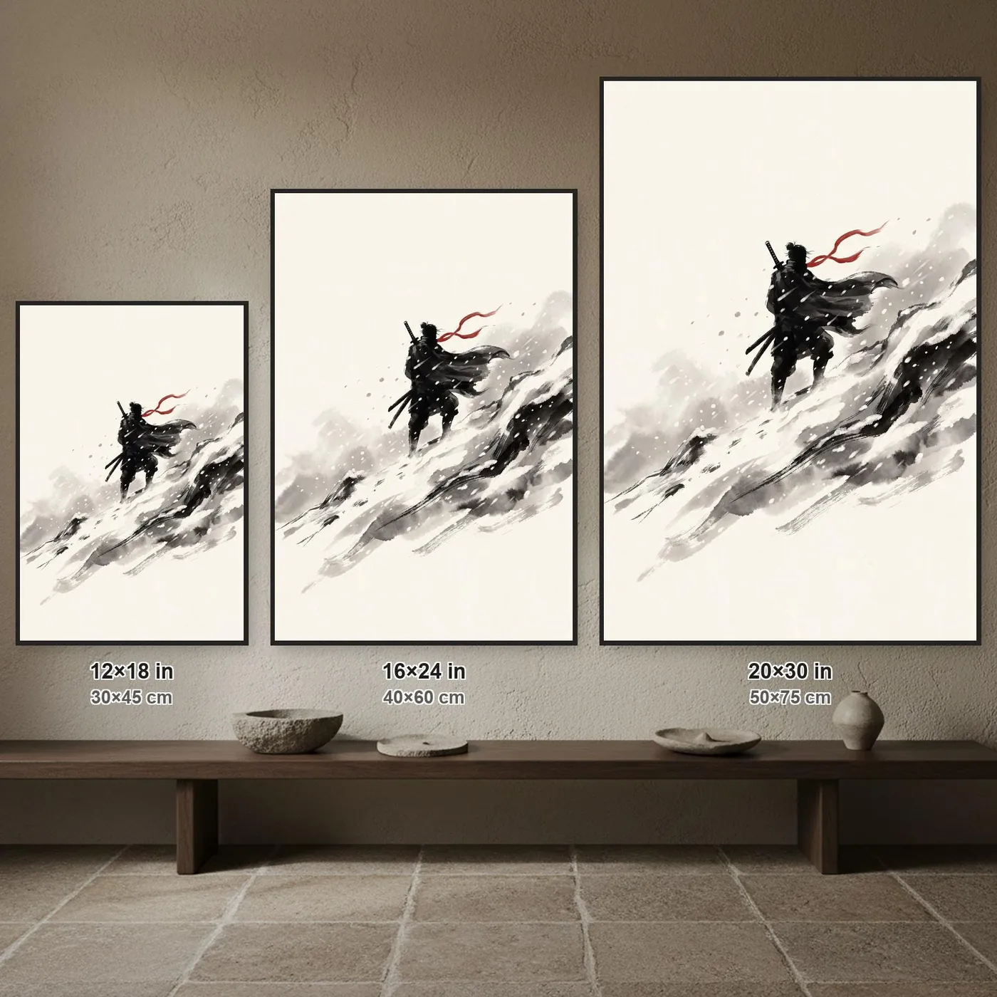 Japanese Wall Art | Ronin Crossing Snow Mountain Sumi-e Ink Print | Black and White Zen Decor | A1 Ready Poster Print