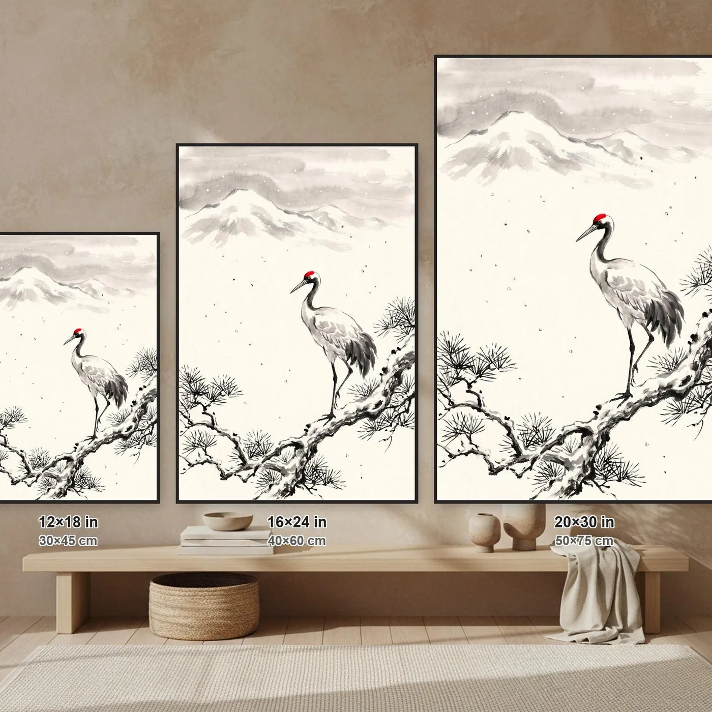Japanese Wall Art | Cranes by Snow Laden Pine Sumi-e Ink Print | Black and White Zen Decor | A1 Ready Poster Print
