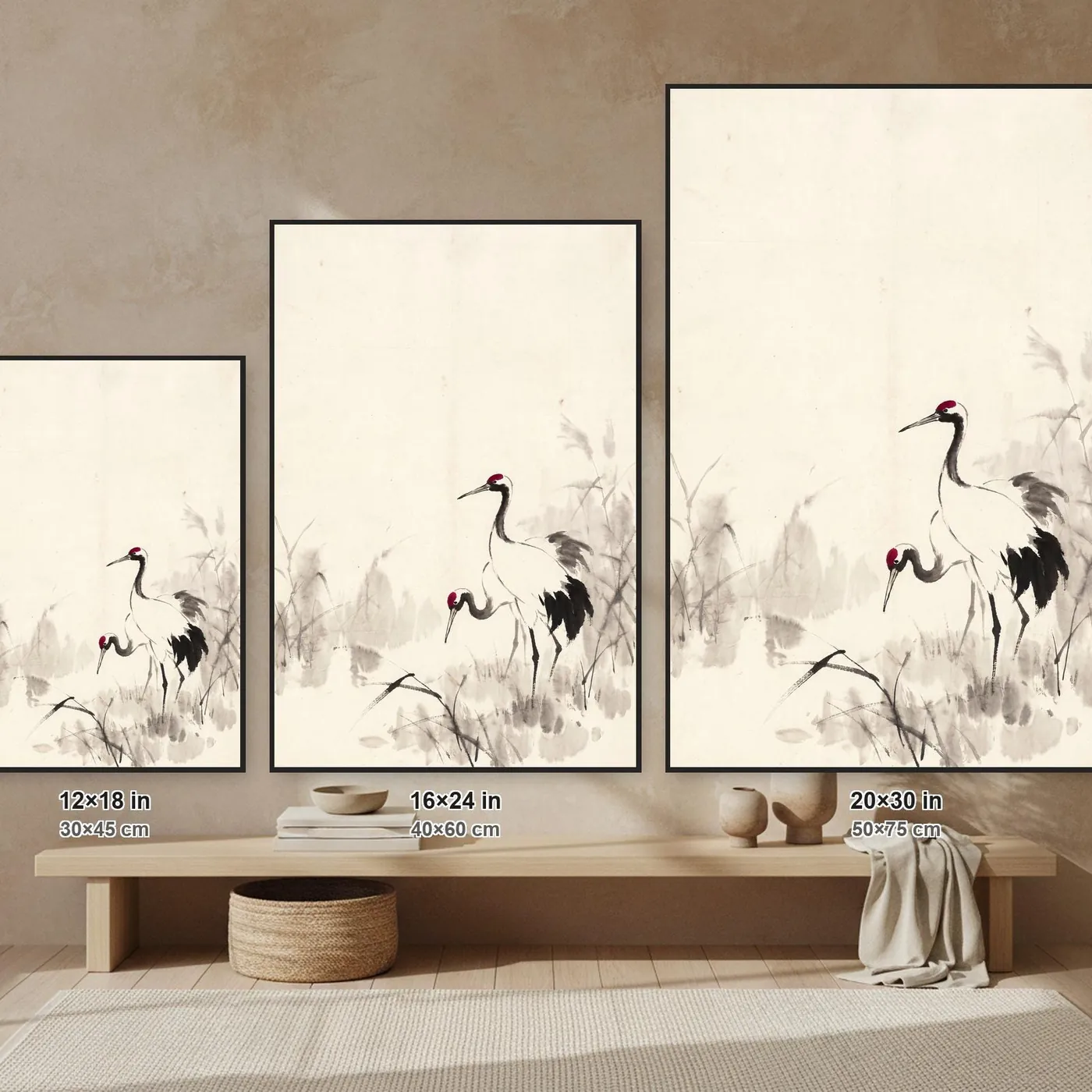 Japanese Wall Art | Cranes Misty Reeds Sumi-e Ink Print | Black and White Zen Decor | A1 Ready Poster Print