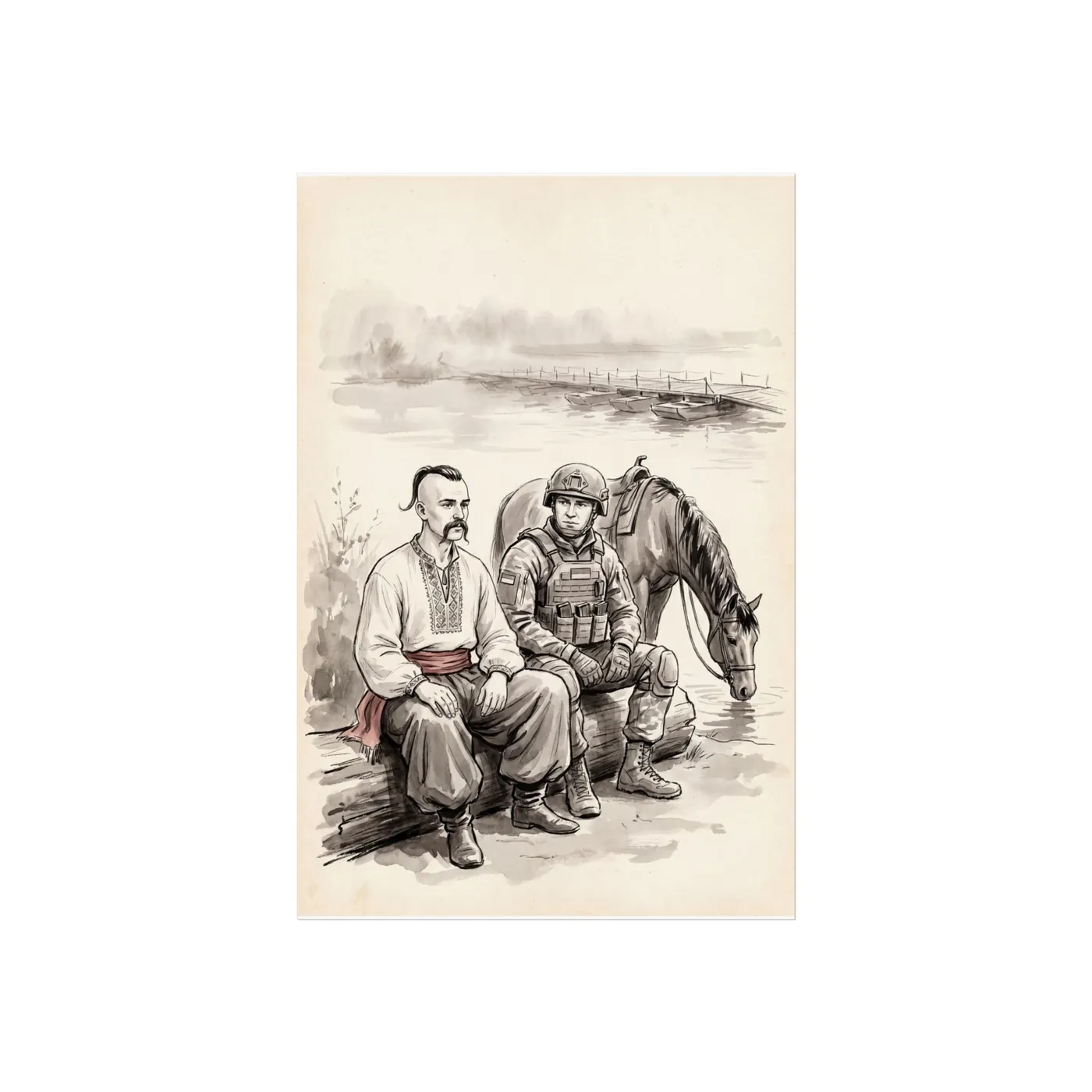 Ukrainian Wall Art | River Cossack Soldier Sumi-e Ink Print | Black and White Ink Decor | A1 Ready Poster Print