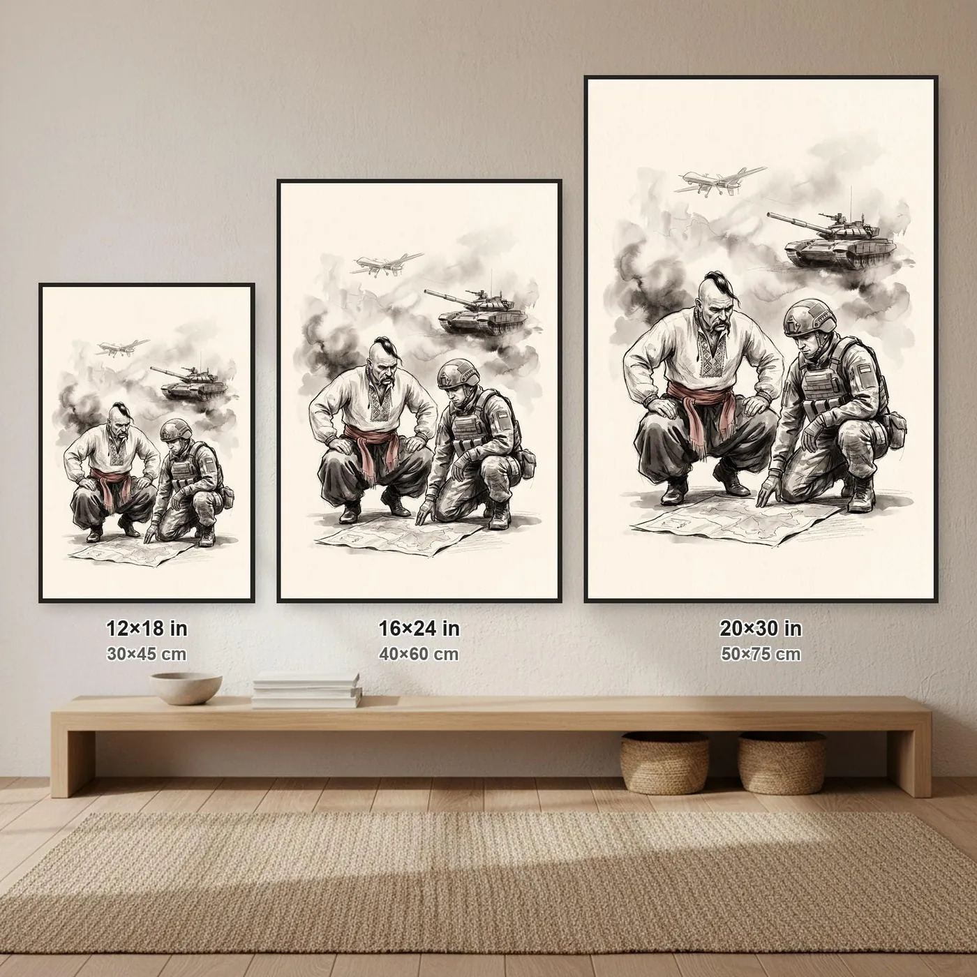 Ukrainian Wall Art | Cossack Soldier Sumi-e Ink Print | Black and White Ink Decor | A1 Ready Poster Print