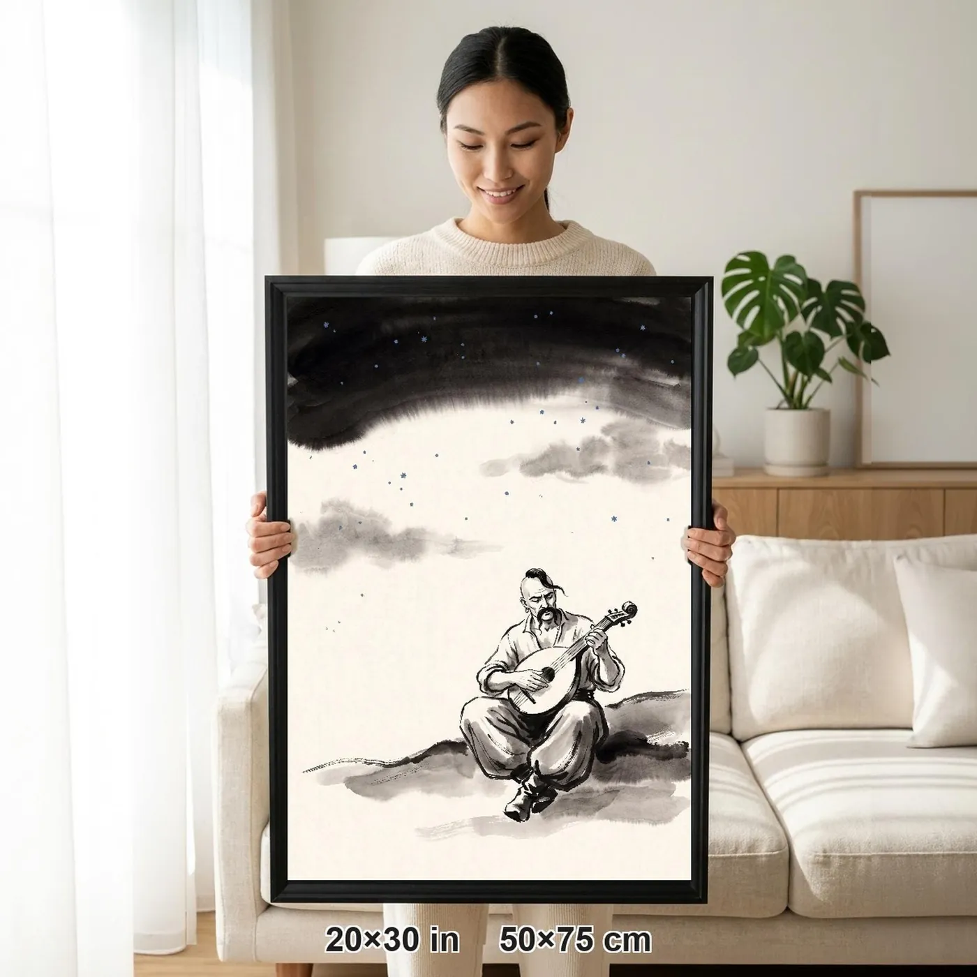 Framed Ukrainian Wall Art | Cossack Playing Kobza at Sumi-e Ink Print | Black and White Ink Decor | A1 Ready Poster Print