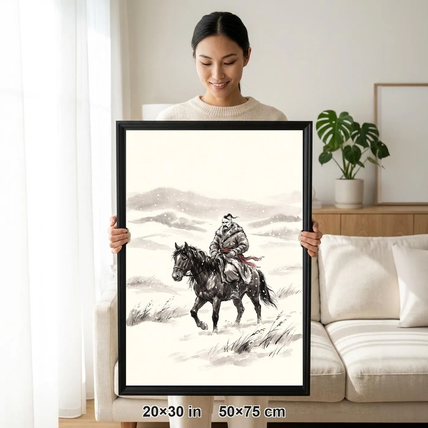 Framed Ukrainian Wall Art | Cossack Winter Ride Through Sumi-e Ink Print | Black and White Ink Decor | A1 Ready Poster Print