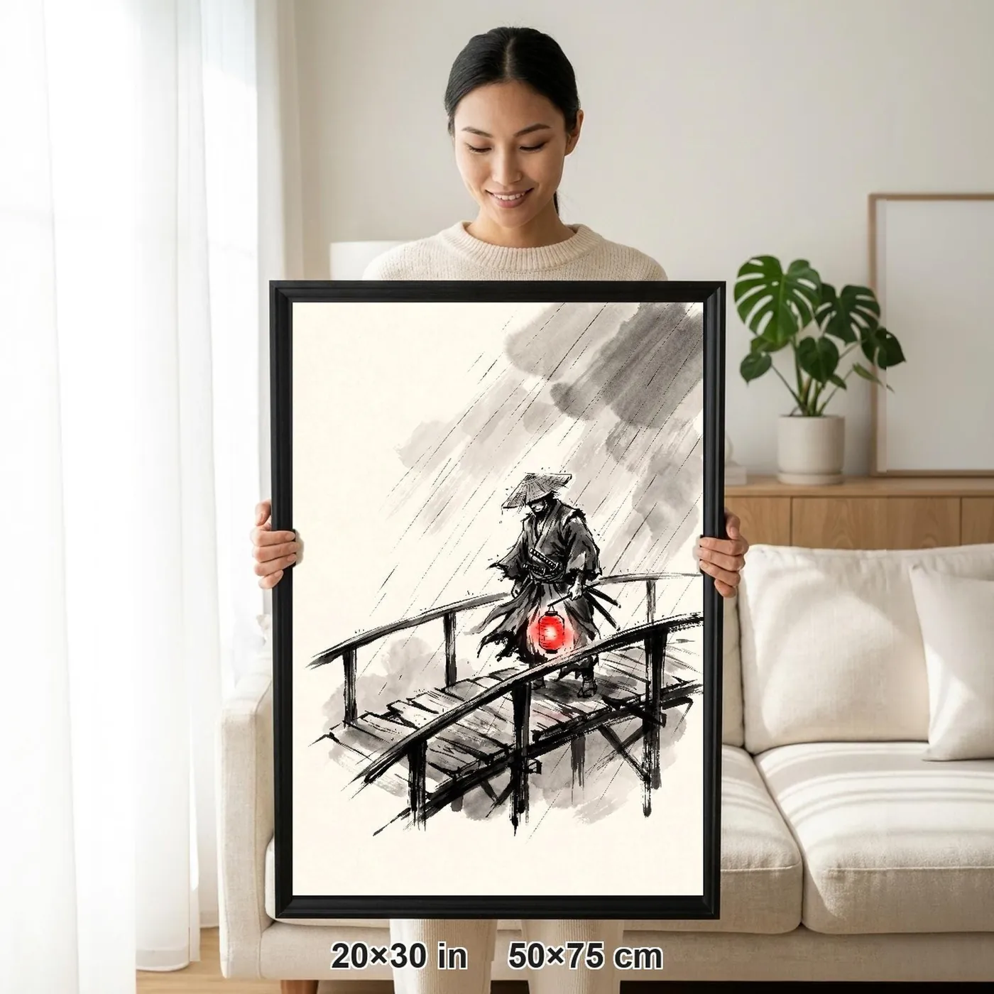 Framed Japanese Wall Art | Ronin Rain Swept Bridge Sumi-e Ink Print | Black and White Zen Decor | A1 Ready Poster Print