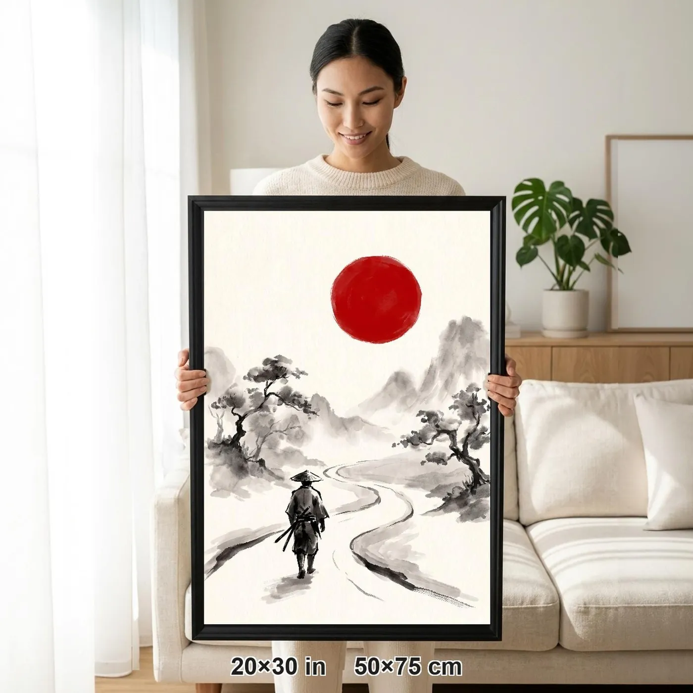 Framed Japanese Wall Art | Ronin Mountain Road at Sumi-e Ink Print | Black and White Zen Decor | A1 Ready Poster Print