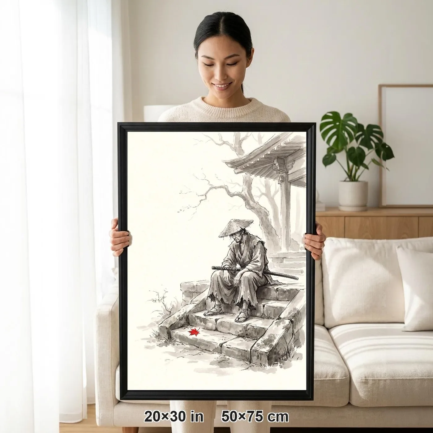 Framed Japanese Wall Art | Ronin Ascending Temple Steps Sumi-e Ink Print | Black and White Zen Decor | A1 Ready Poster Print