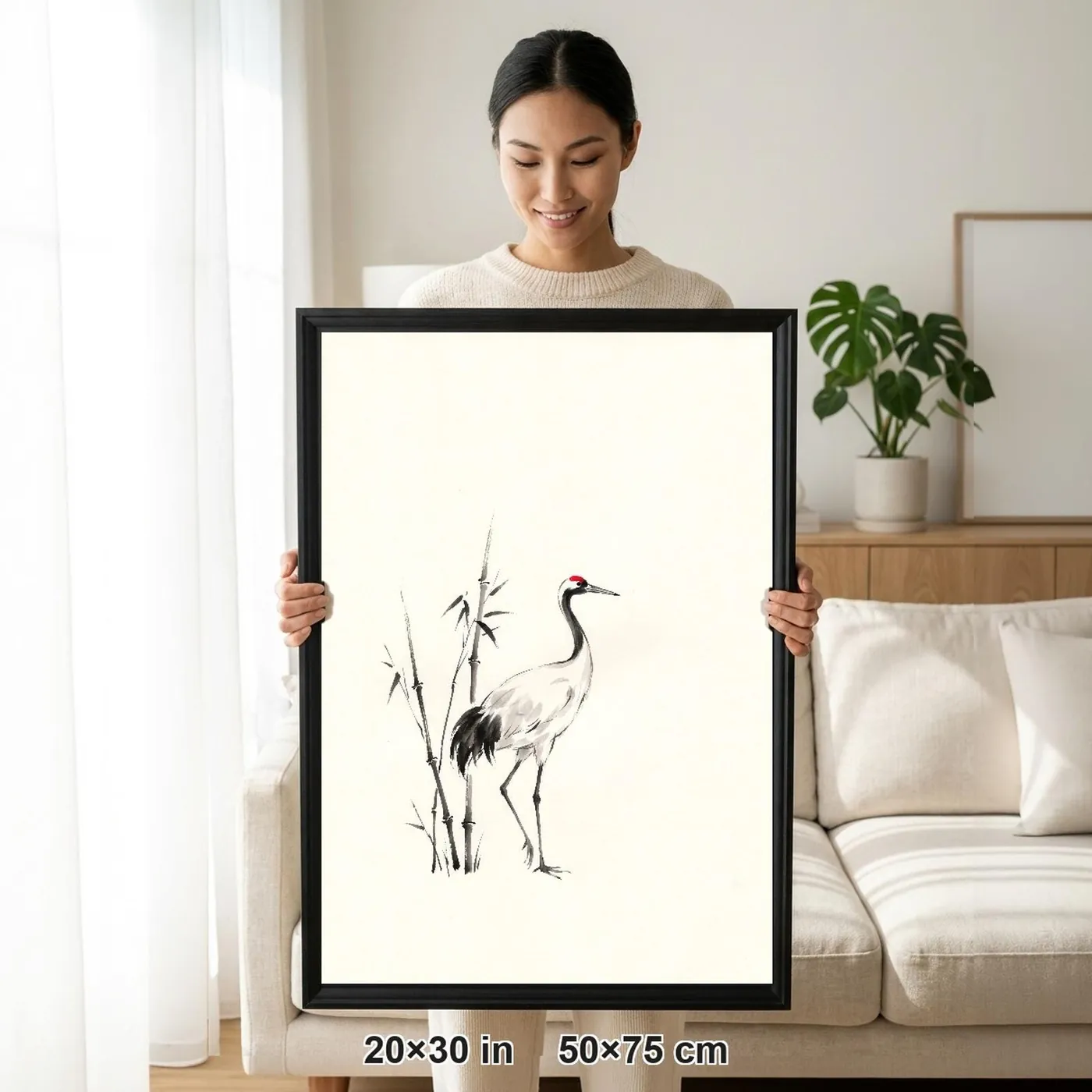 Framed Japanese Wall Art | Cranes Among Bamboo Sumi-e Ink Print | Black and White Zen Decor | A1 Ready Poster Print