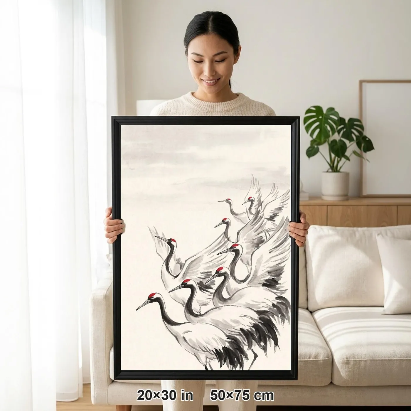 Framed Japanese Wall Art | Flock Cranes at Dawn Sumi-e Ink Print | Black and White Zen Decor | A1 Ready Poster Print