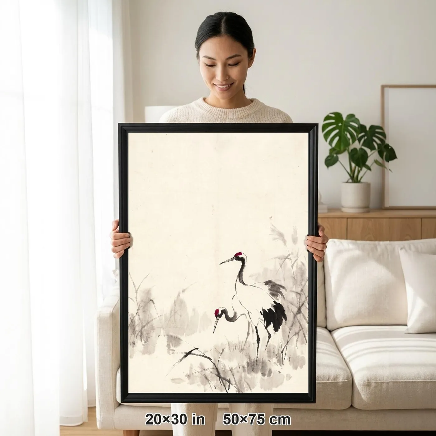 Framed Japanese Wall Art | Cranes Misty Reeds Sumi-e Ink Print | Black and White Zen Decor | A1 Ready Poster Print