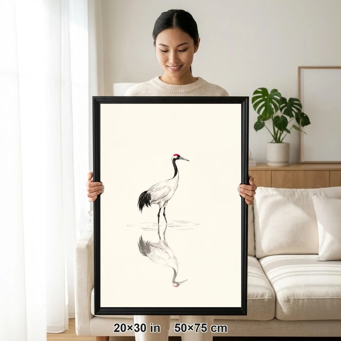 Framed Japanese Wall Art | Crane Reflected Still Water Sumi-e Ink Print | Black and White Zen Decor | A1 Ready Poster Print