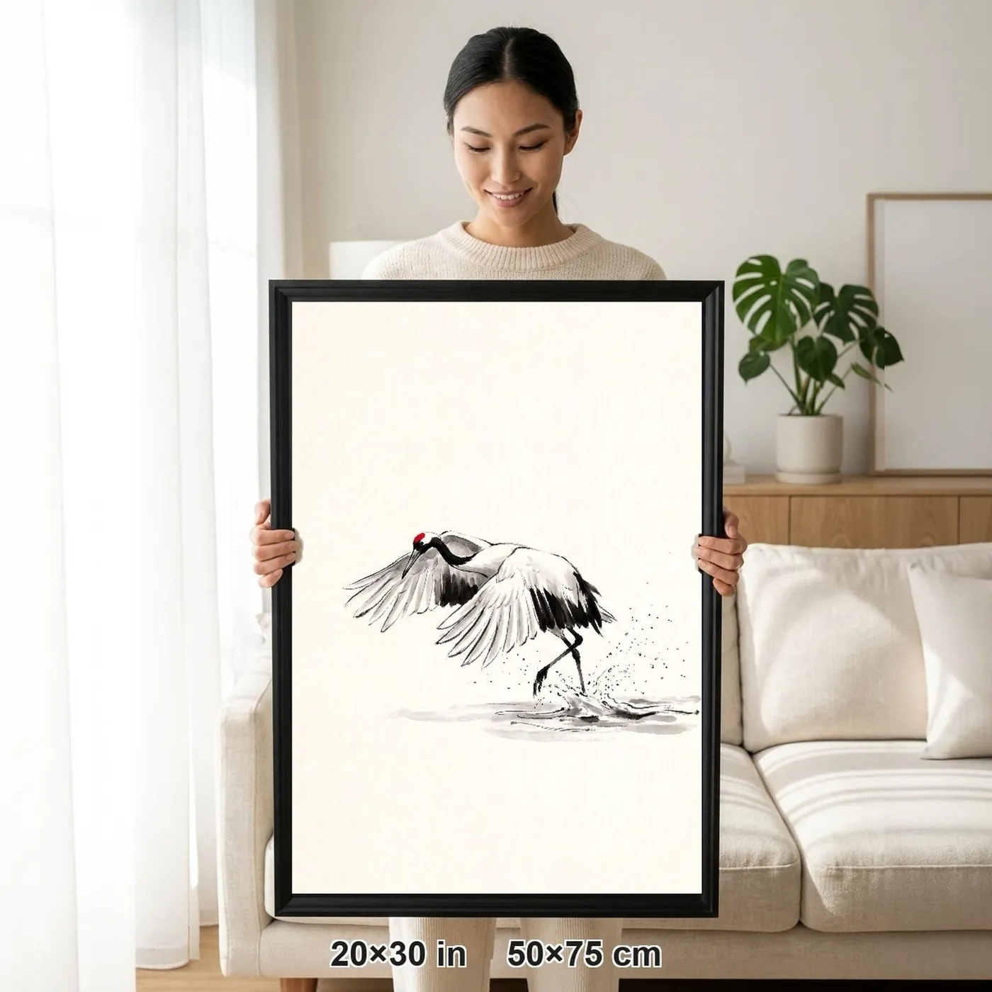 Framed Japanese Wall Art | Crane Taking Off From Sumi-e Ink Print | Black and White Zen Decor | A1 Ready Poster Print