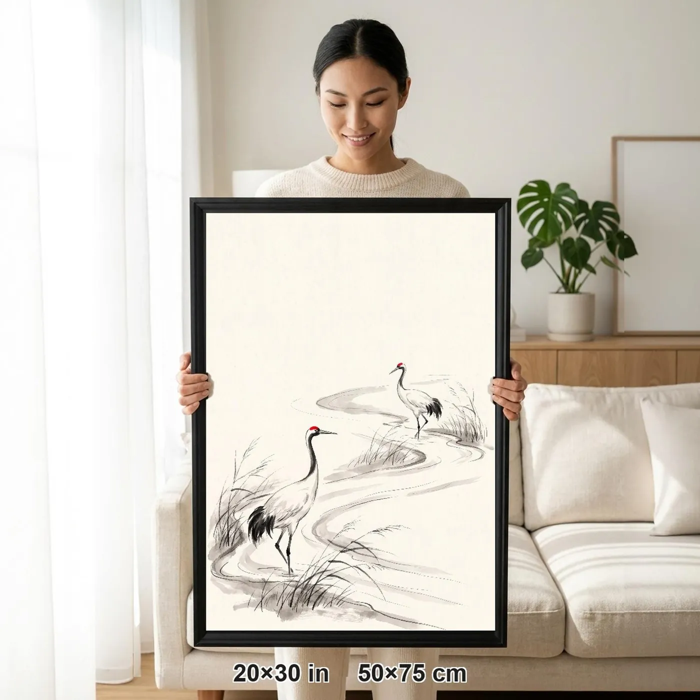 Framed Japanese Wall Art | Two Cranes by River Sumi-e Ink Print | Black and White Zen Decor | A1 Ready Poster Print