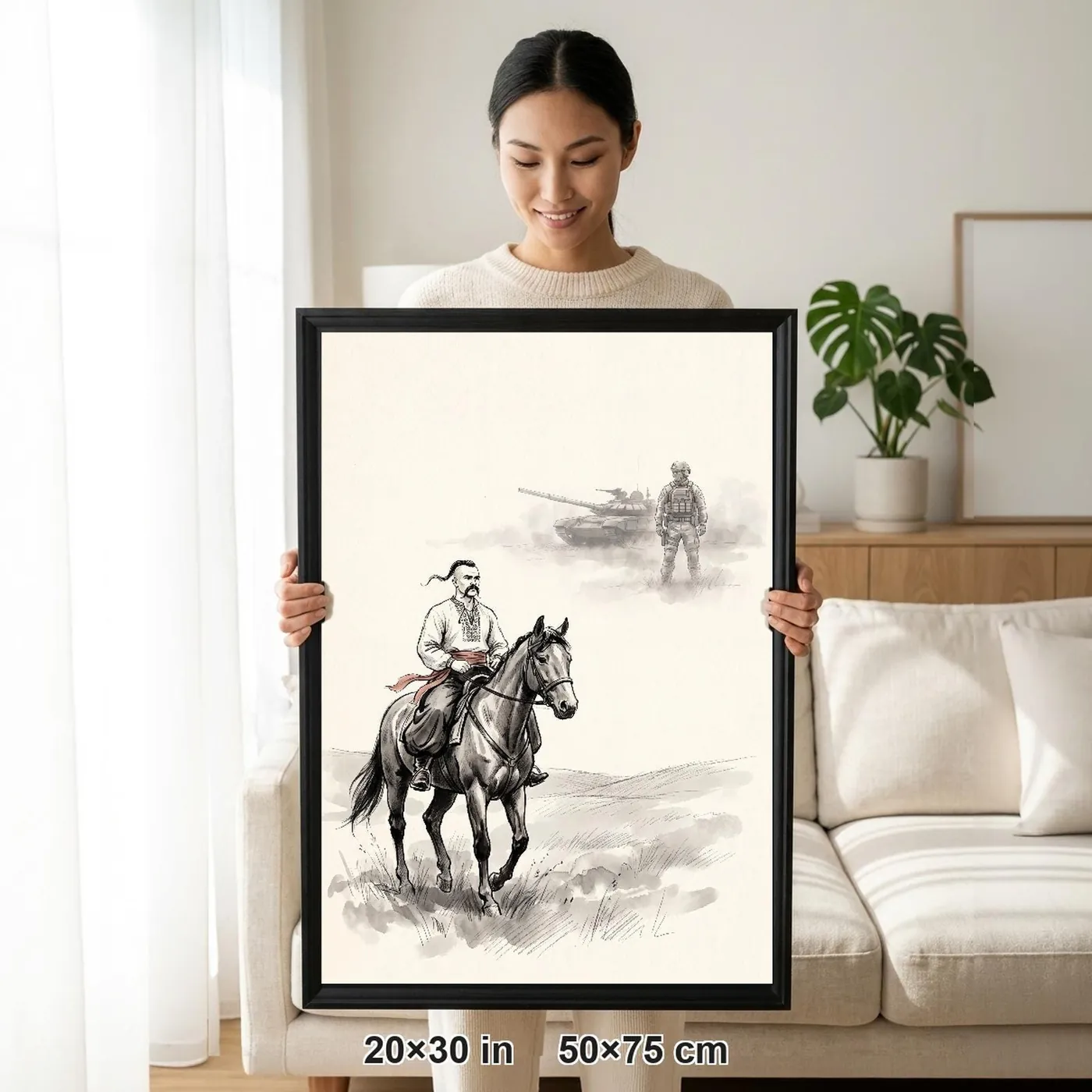 Framed Ukrainian Wall Art | Cossack Horseman Modern Soldier Sumi-e Ink Print | Black and White Ink Decor | A1 Ready Poster Print