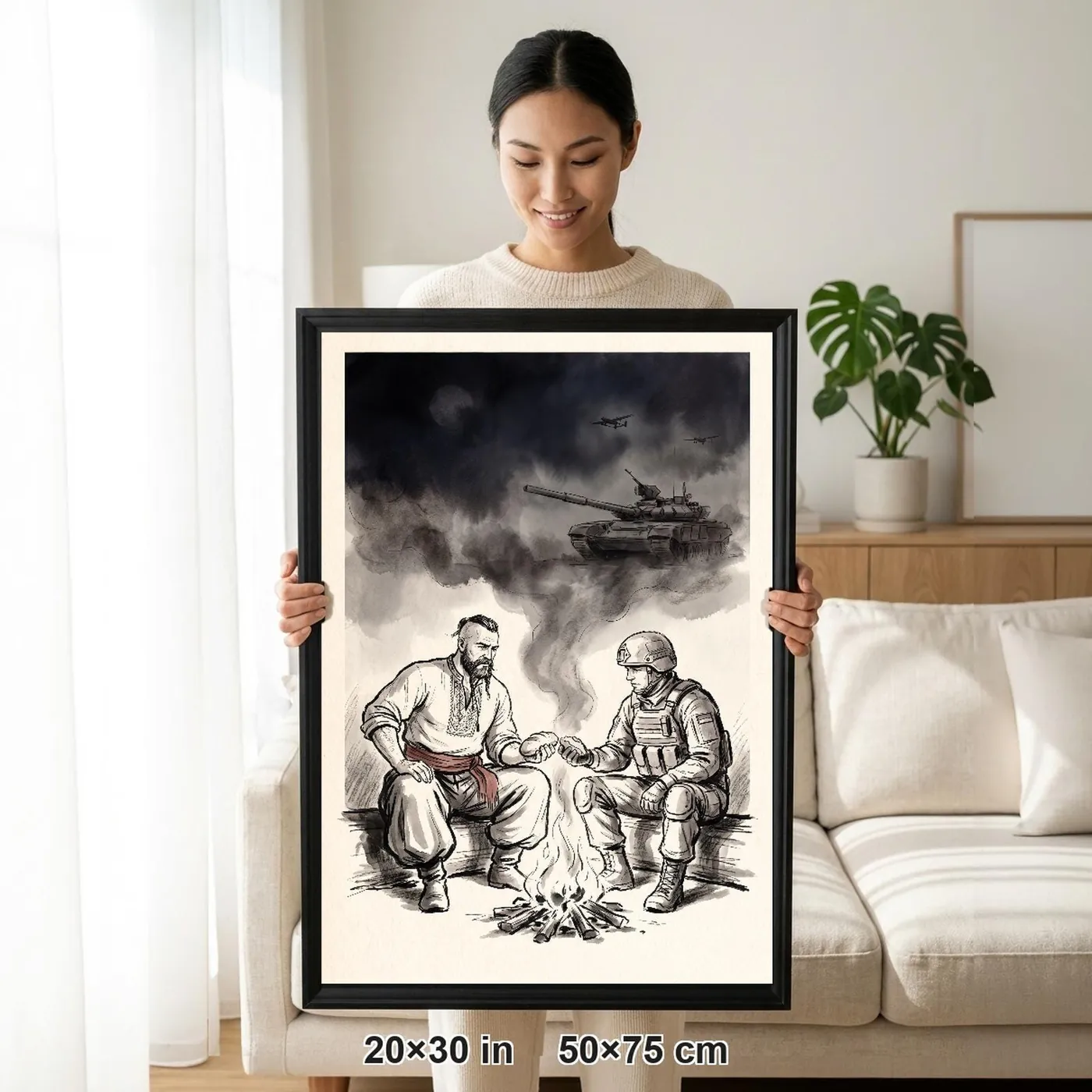 Framed Ukrainian Wall Art | Cossack Soldier by Campfire Sumi-e Ink Print | Black and White Ink Decor | A1 Ready Poster Print