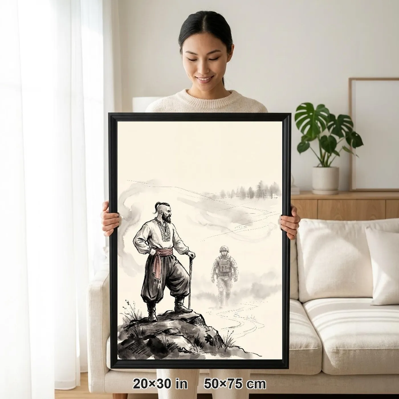 Framed Ukrainian Wall Art | Cossack Spirit Guarding Soldier Sumi-e Ink Print | Black and White Ink Decor | A1 Ready Poster Print