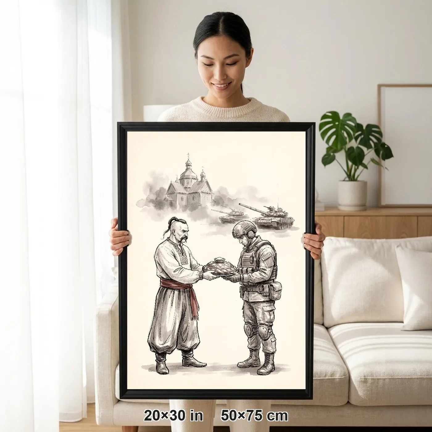 Framed Ukrainian Wall Art | Cossack Offering Bread Salt Sumi-e Ink Print | Black and White Ink Decor | A1 Ready Poster Print