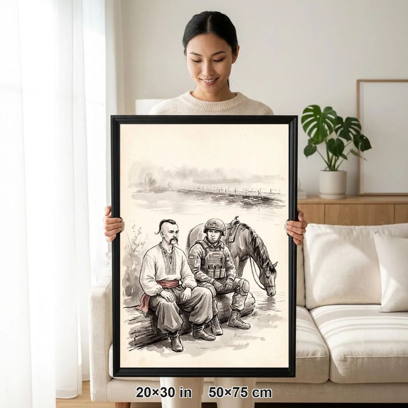Framed Ukrainian Wall Art | Cossack Soldier Rest by Sumi-e Ink Print | Black and White Ink Decor | A1 Ready Poster Print