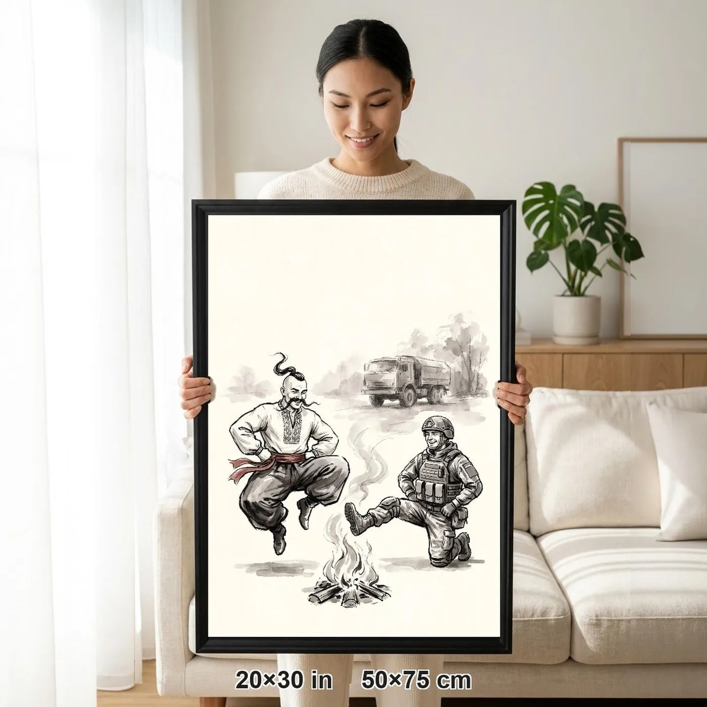 Framed Ukrainian Wall Art | Cossack Teaching Hopak Dance Sumi-e Ink Print | Black and White Ink Decor | A1 Ready Poster Print