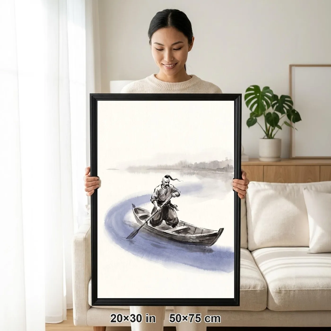 Framed Ukrainian Wall Art | Cossack Rowing Chaika Boat Sumi-e Ink Print | Black and White Ink Decor | A1 Ready Poster Print