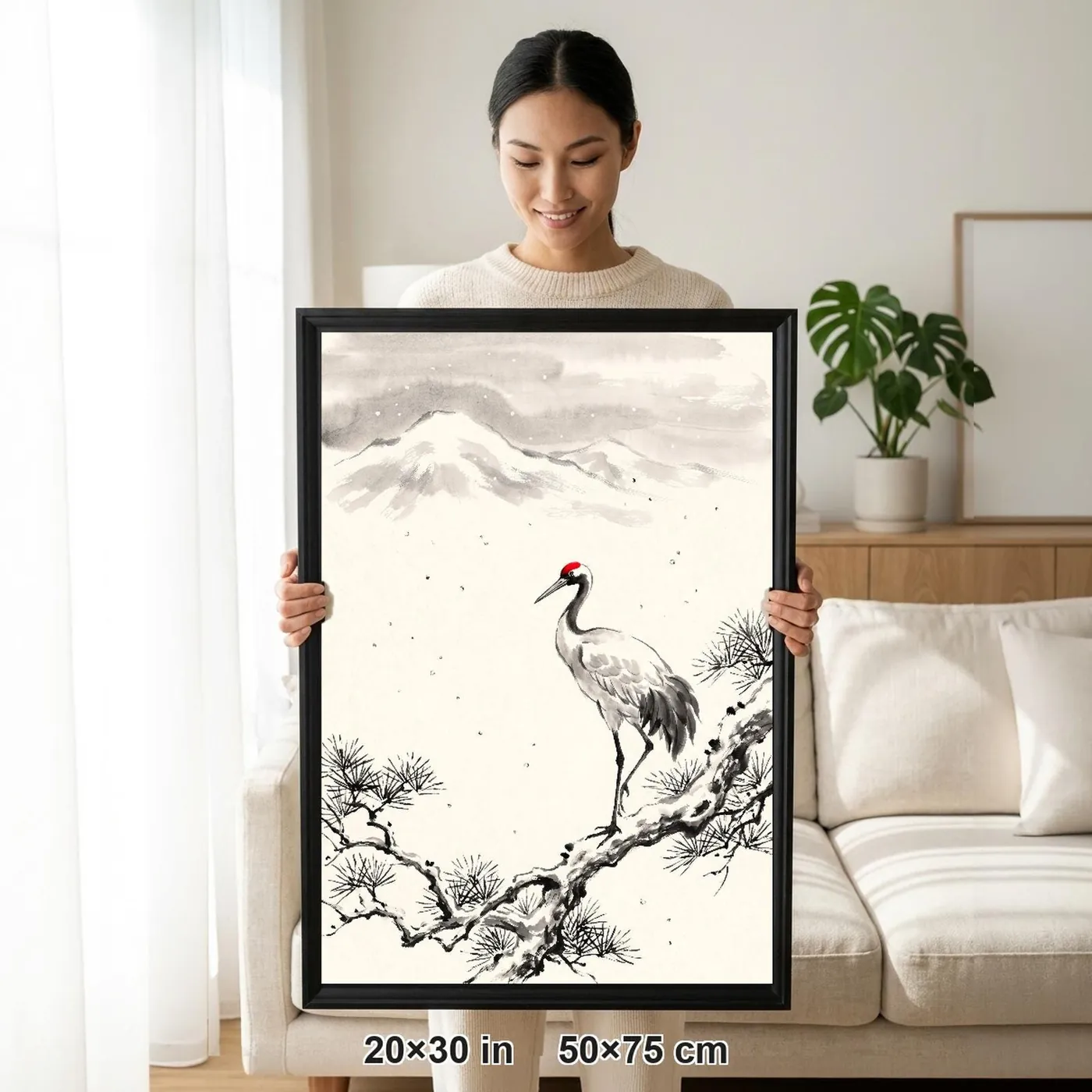 Framed Japanese Wall Art | Cranes by Snow Laden Pine Sumi-e Ink Print | Black and White Zen Decor | A1 Ready Poster Print