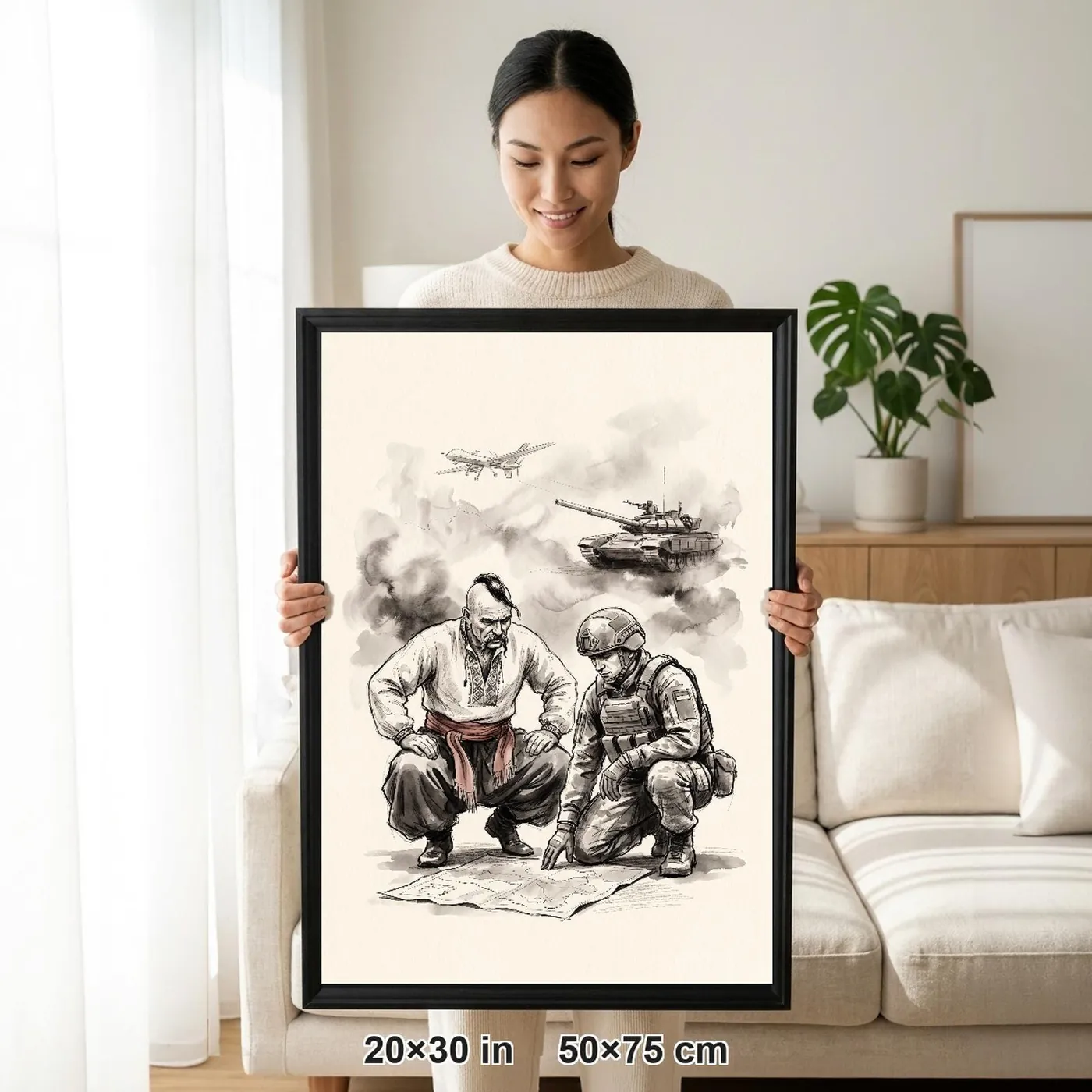 Framed Ukrainian Wall Art | Cossack Soldier Plan Together Sumi-e Ink Print | Black and White Ink Decor | A1 Ready Poster Print
