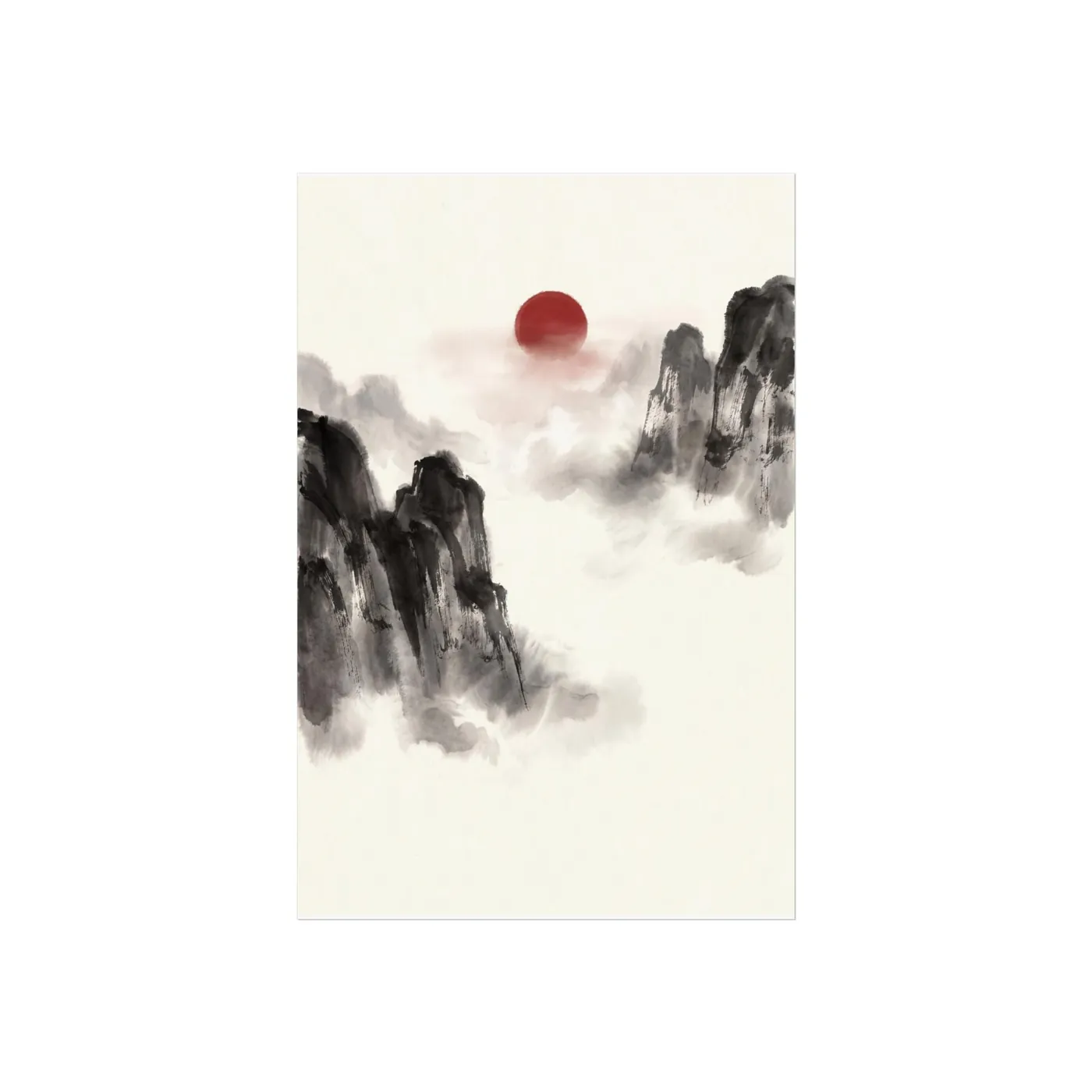 Japanese Landscape Art | Mountain Karst Cliffs Morning Sumi-e Ink Print | Black and White Zen Decor | A1 Ready Poster Print