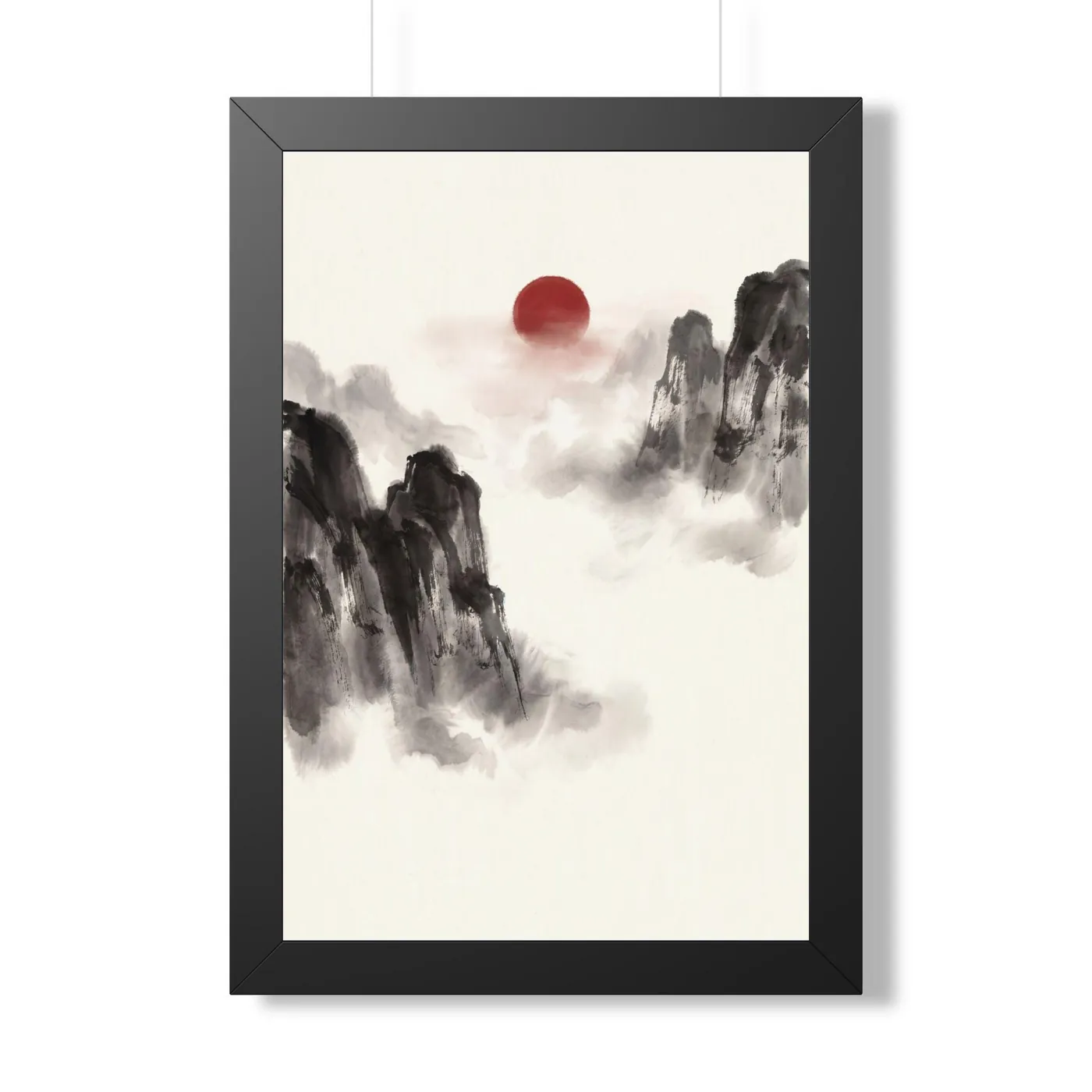 Framed Japanese Wall Art | Mountain Karst Cliffs Morning Sumi-e Ink Print | Black and White Zen Decor | A1 Ready Poster Print