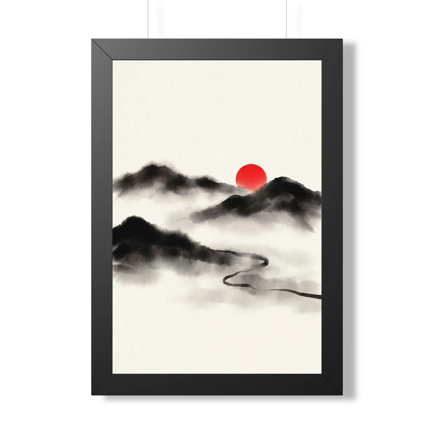 Framed Japanese Wall Art | Mountain Misty River Valley Sumi-e Ink Print | Black and White Zen Decor | A1 Ready Poster Print
