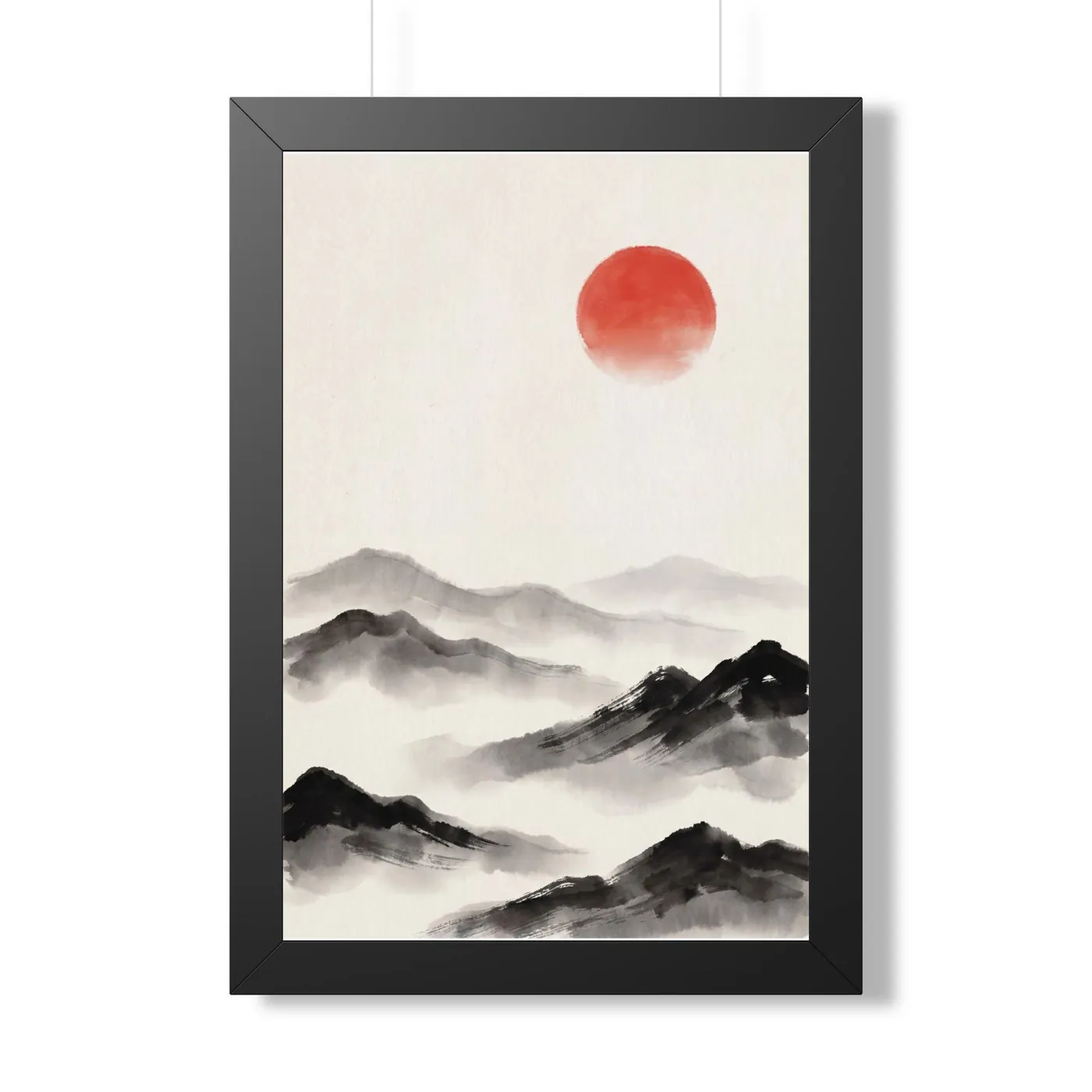 Framed Japanese Wall Art | Mountain Layered Misty Mountains Sumi-e Ink Print | Black and White Zen Decor | A1 Ready Poster Print