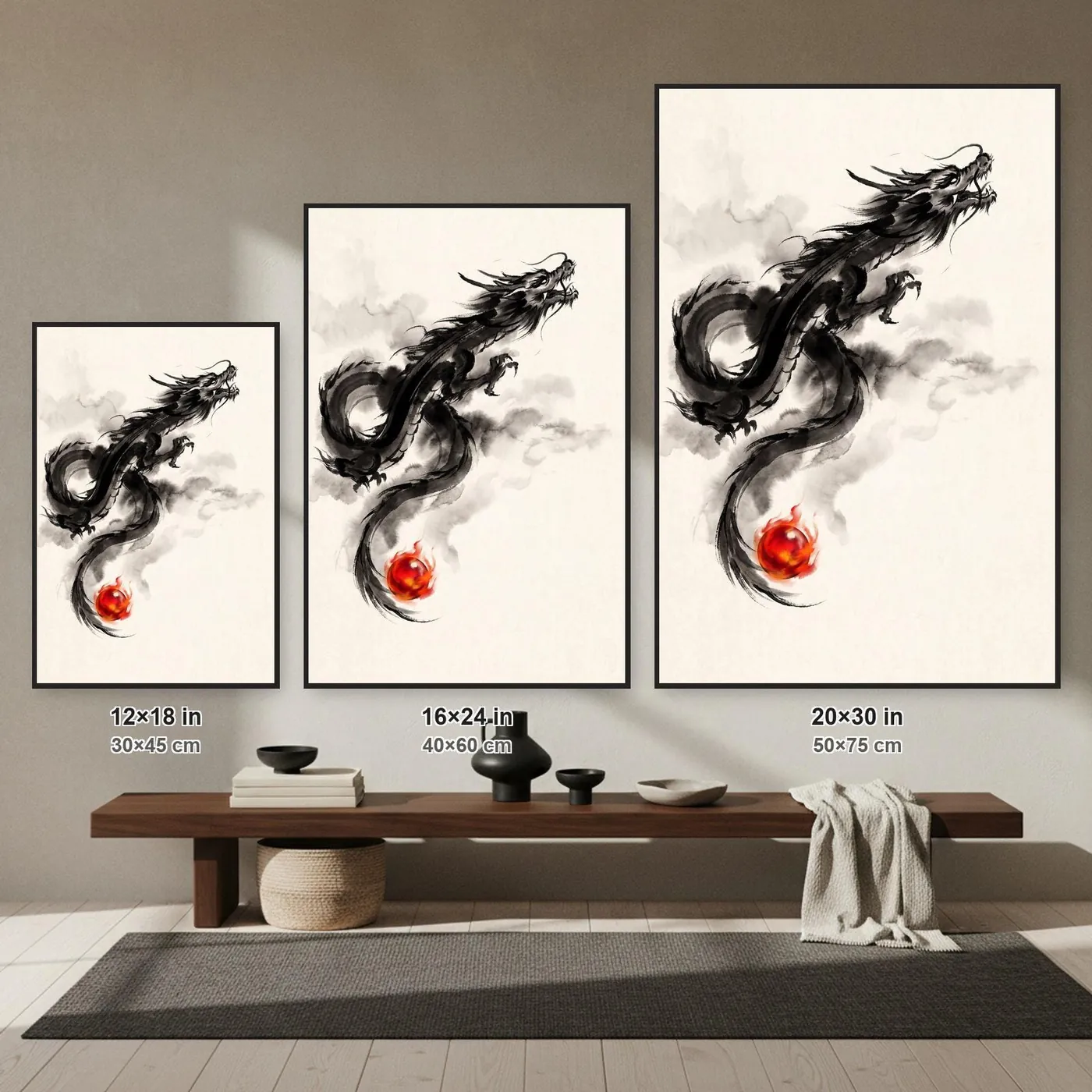 Japanese Dragon Wall Art | Ascending Sumi-e Ink Print | Black and White Zen Decor | A1 Ready Poster Print