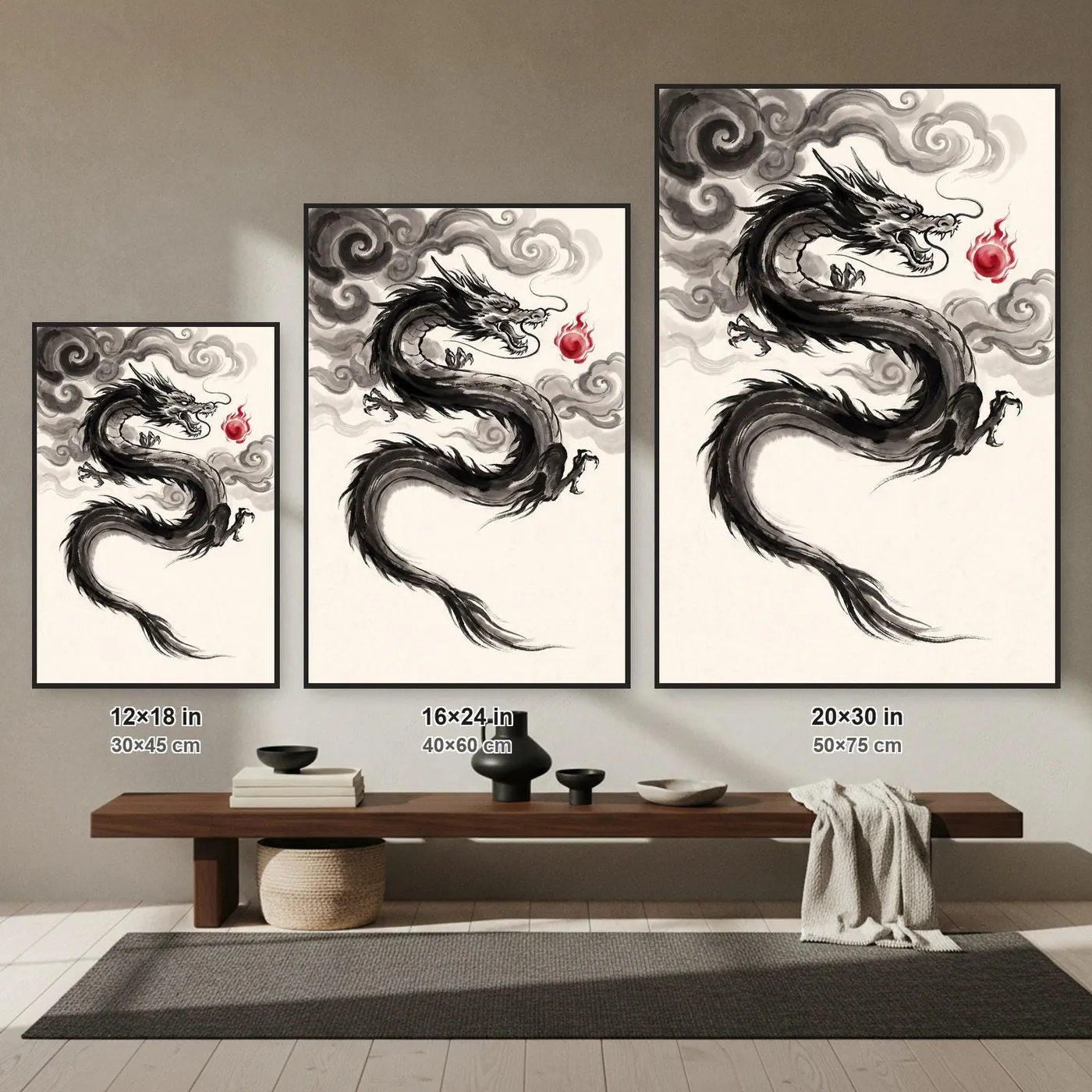 Clouds | Japanese Dragon Sumi-e | Black & White Ink Wall Art | Poster