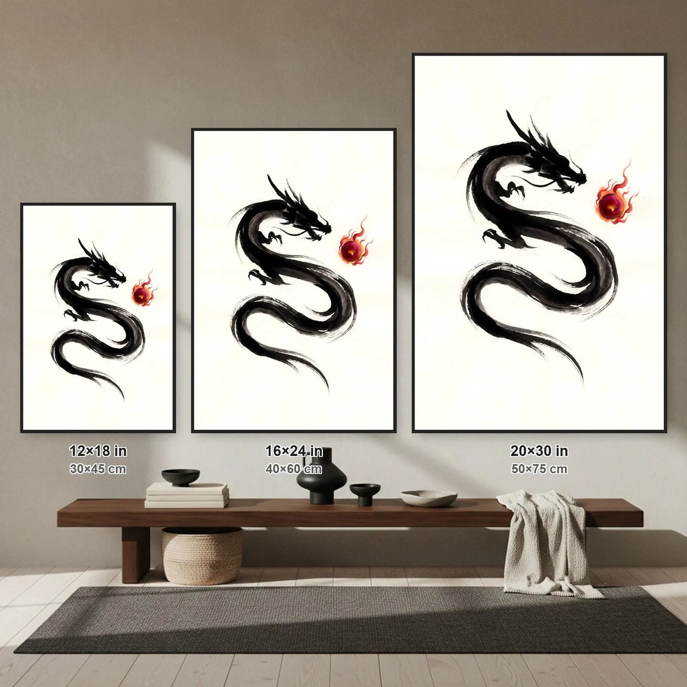 Japanese Dragon Wall Art | Sumi-e Ink Print | Black and White Zen Decor | A1 Ready Poster Print | Living Room Decor
