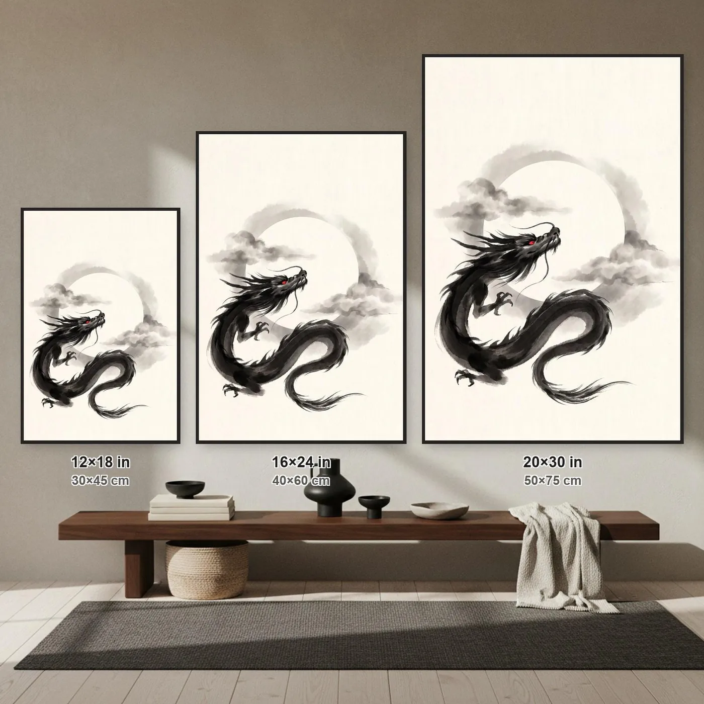 Japanese Wall Art | Moon Sumi-e Ink Print | Black and White Zen Decor | A1 Ready Poster Print | Living Room Decor