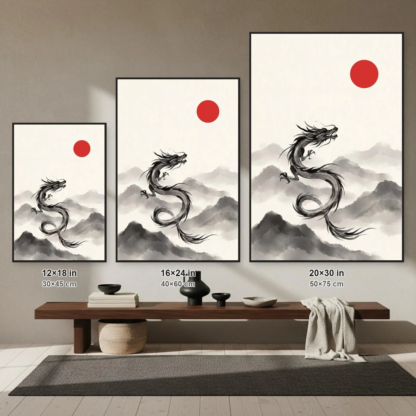 Japanese Wall Art | Mountain Sumi-e Ink Print | Black and White Zen Decor | A1 Ready Poster Print | Living Room Decor