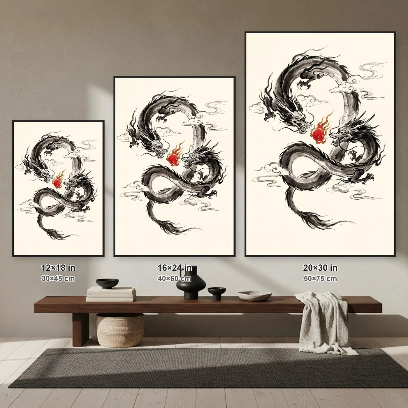 Japanese Dragon Wall Art | Two Sumi-e Ink Print | Black and White Zen Decor | A1 Ready Poster Print | Living Room Decor
