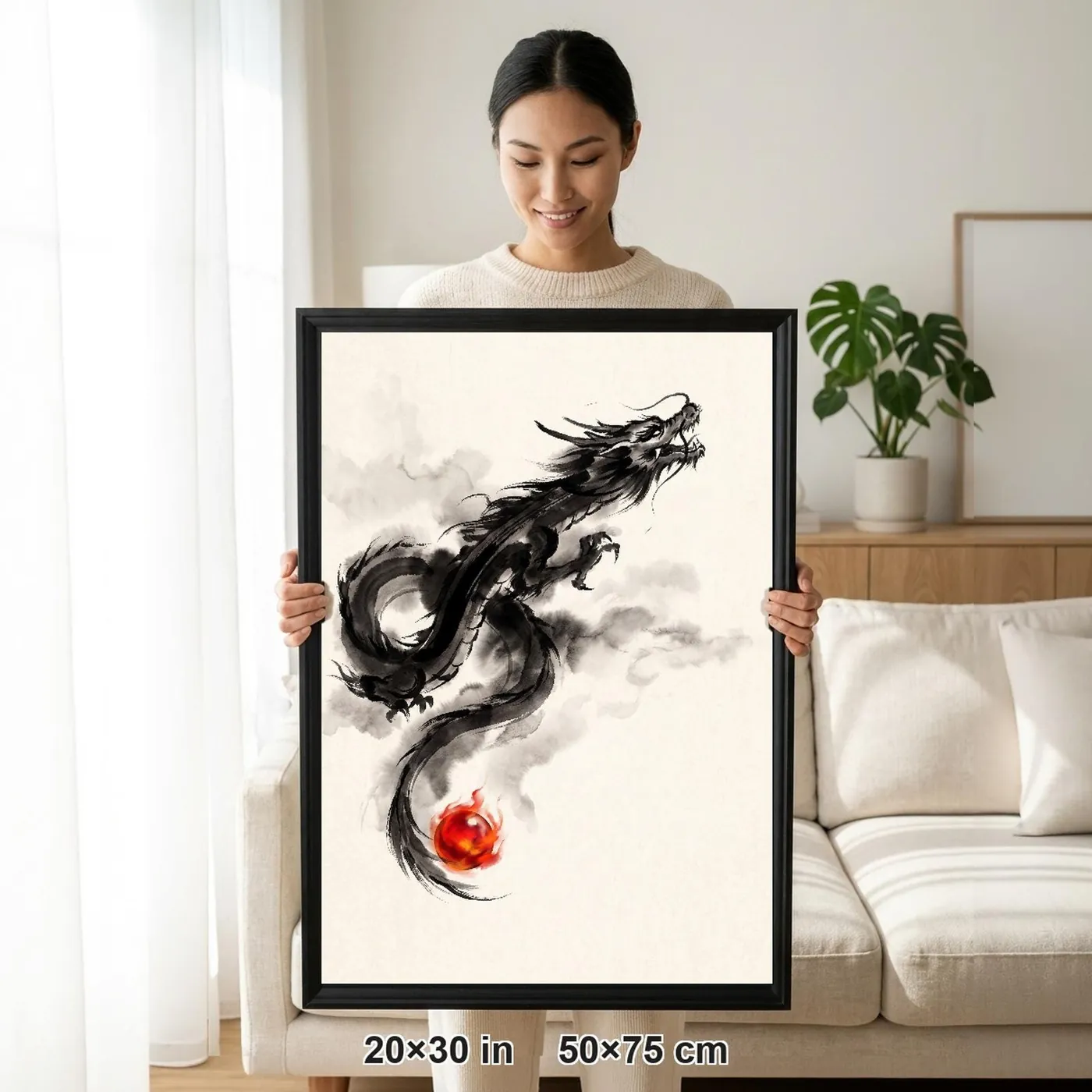 Framed Japanese Wall Art | Dragon Ascending Sumi-e Ink Print | Black and White Zen Decor | A1 Ready Poster Print