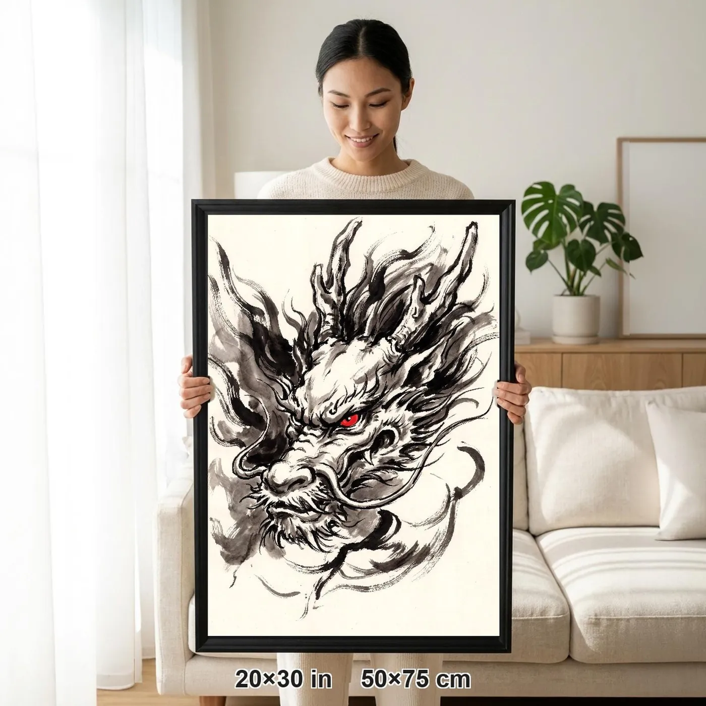 Framed Japanese Wall Art | Dragon Head Sumi-e Ink Print | Black and White Zen Decor | A1 Ready Poster Print