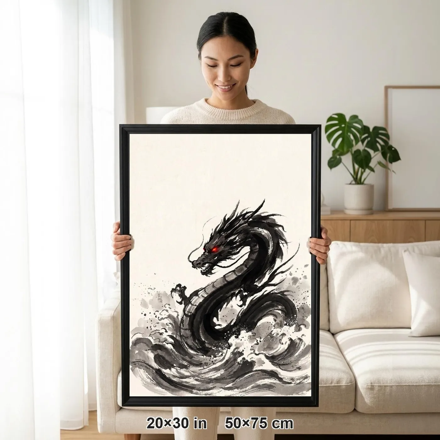 Framed Japanese Wall Art | Dragon Waves Sumi-e Ink Print | Black and White Zen Decor | A1 Ready Poster Print