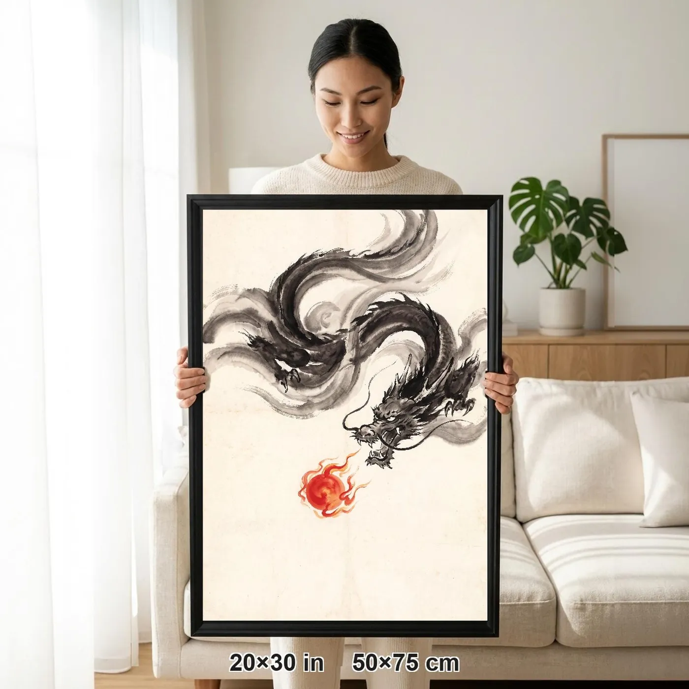 Framed Japanese Wall Art | Dragon Pearl Sumi-e Ink Print | Black and White Zen Decor | A1 Ready Poster Print