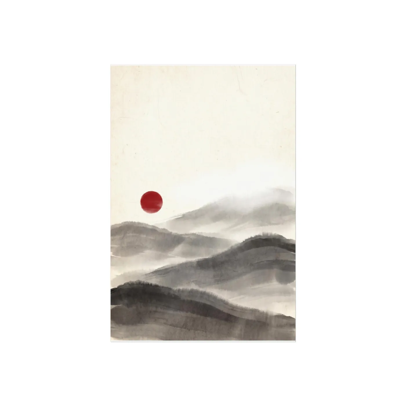 Japanese Landscape Art | Mountain Rolling Misty Hills Sumi-e Ink Print | Black and White Zen Decor | A1 Ready Poster Print