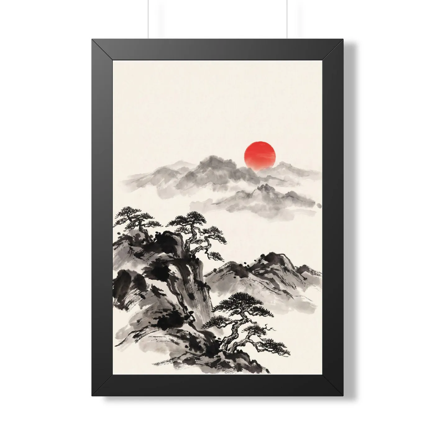 Framed Japanese Wall Art | Mountain Pine Ridge Mist Sumi-e Ink Print | Black and White Zen Decor | A1 Ready Poster Print