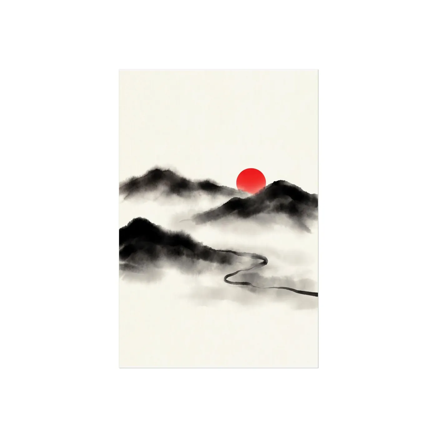 Japanese Landscape Art | Mountain Misty River Valley Sumi-e Ink Print | Black and White Zen Decor | A1 Ready Poster Print
