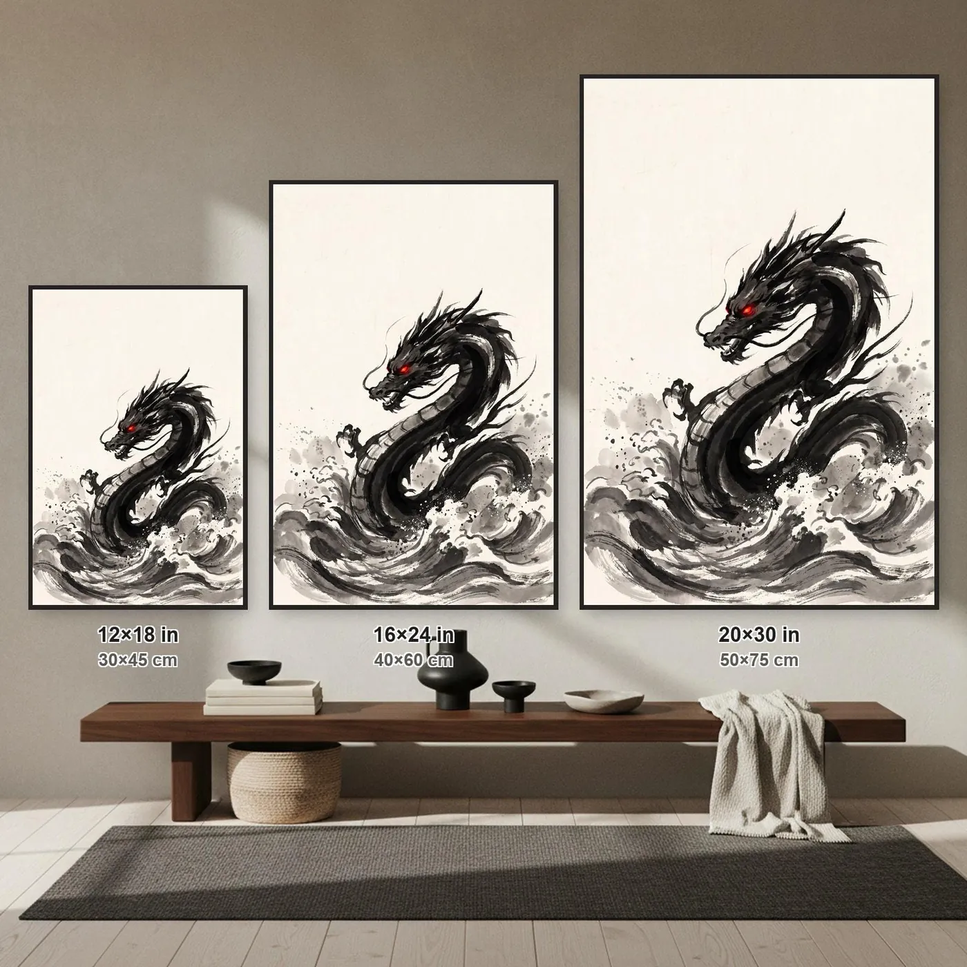 Japanese Wall Art | Waves Sumi-e Ink Print | Black and White Zen Decor | A1 Ready Poster Print | Living Room Decor