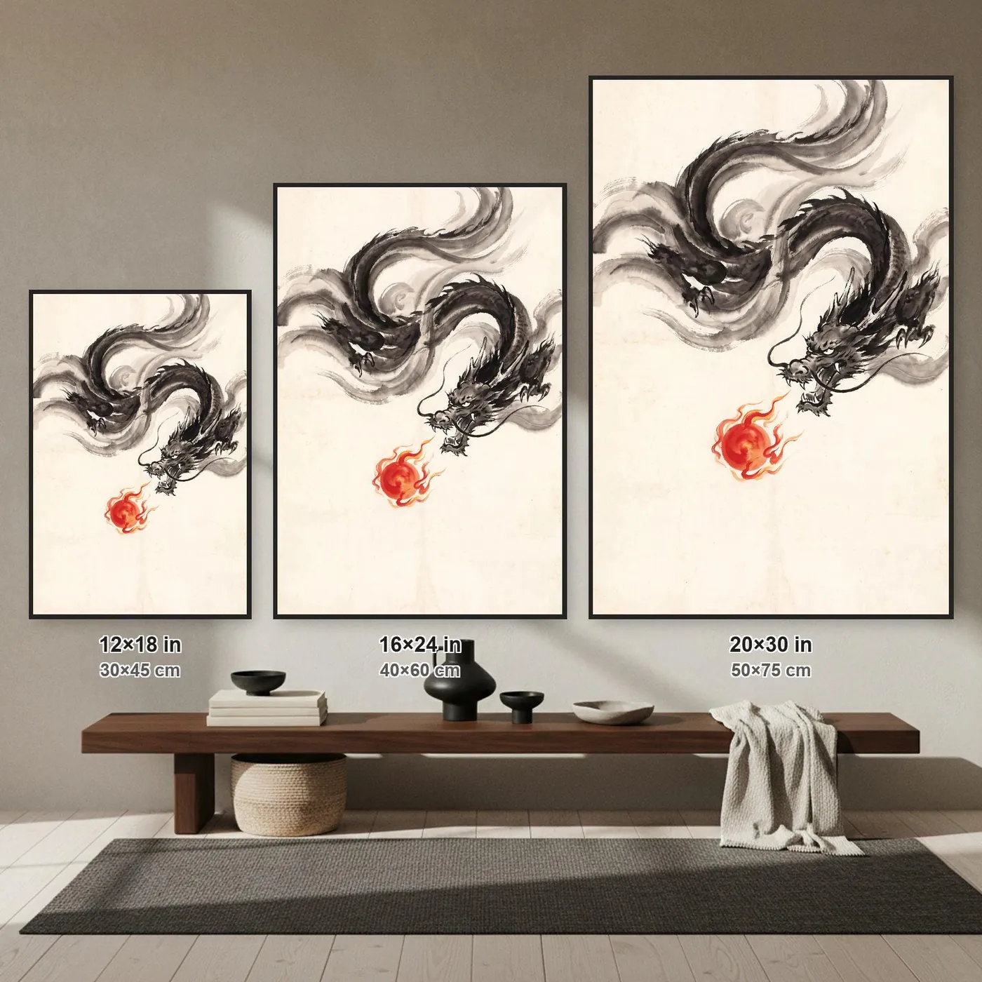 Japanese Dragon Wall Art | Pearl Sumi-e Ink Print | Black and White Zen Decor | A1 Ready Poster Print | Living Room Decor
