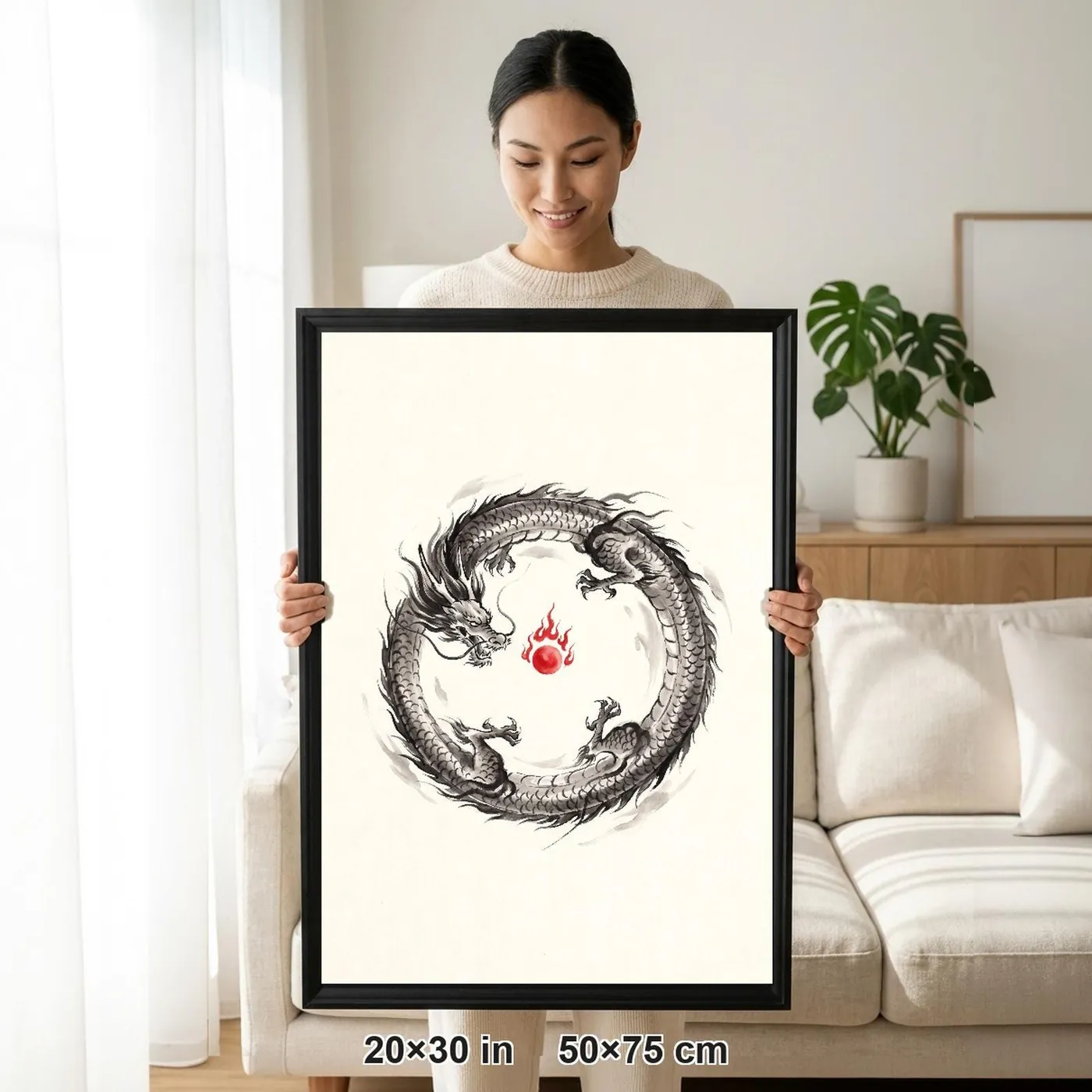 Framed Japanese Wall Art | Dragon Circle Sumi-e Ink Print | Black and White Zen Decor | A1 Ready Poster Print