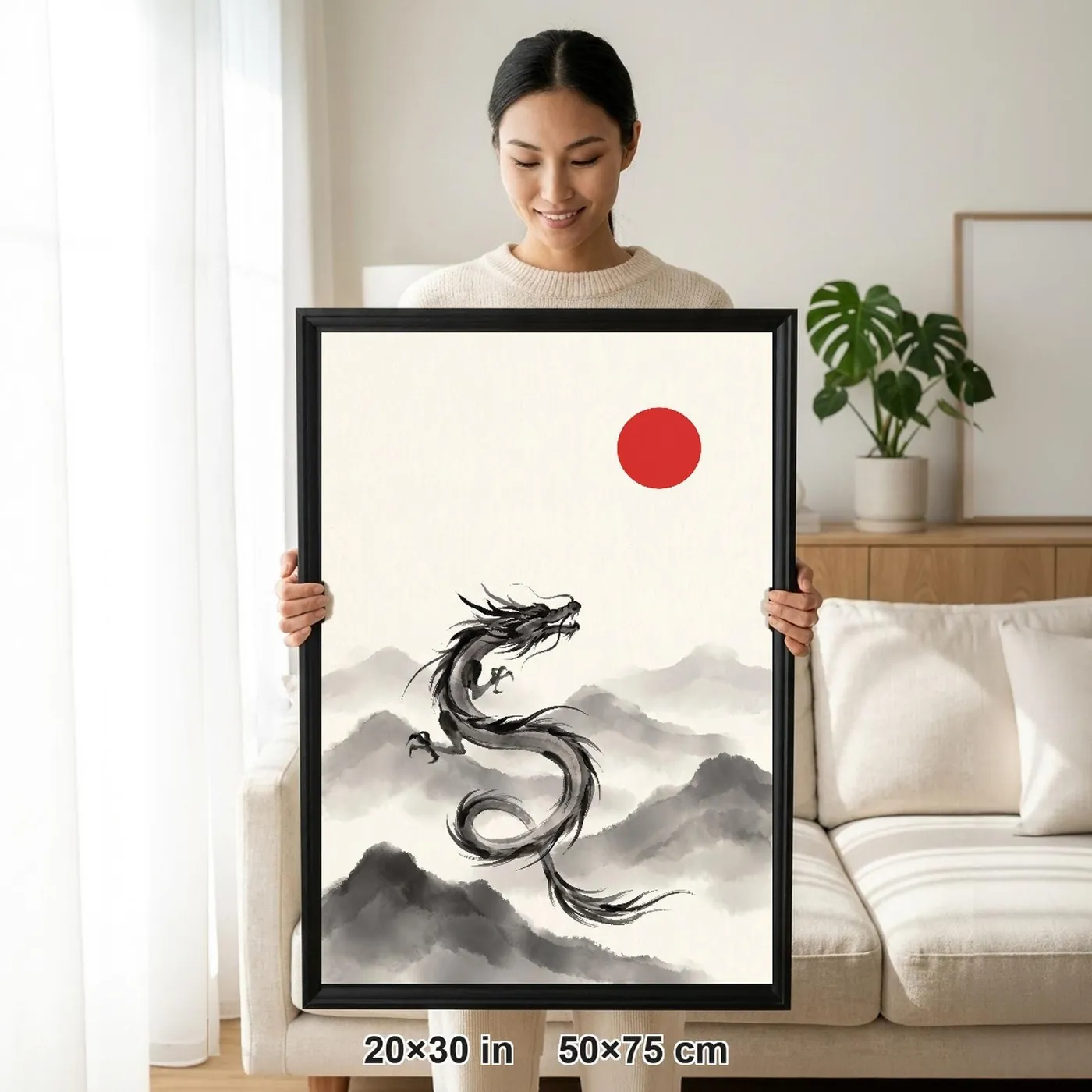 Framed Japanese Wall Art | Dragon Mountain Sumi-e Ink Print | Black and White Zen Decor | A1 Ready Poster Print