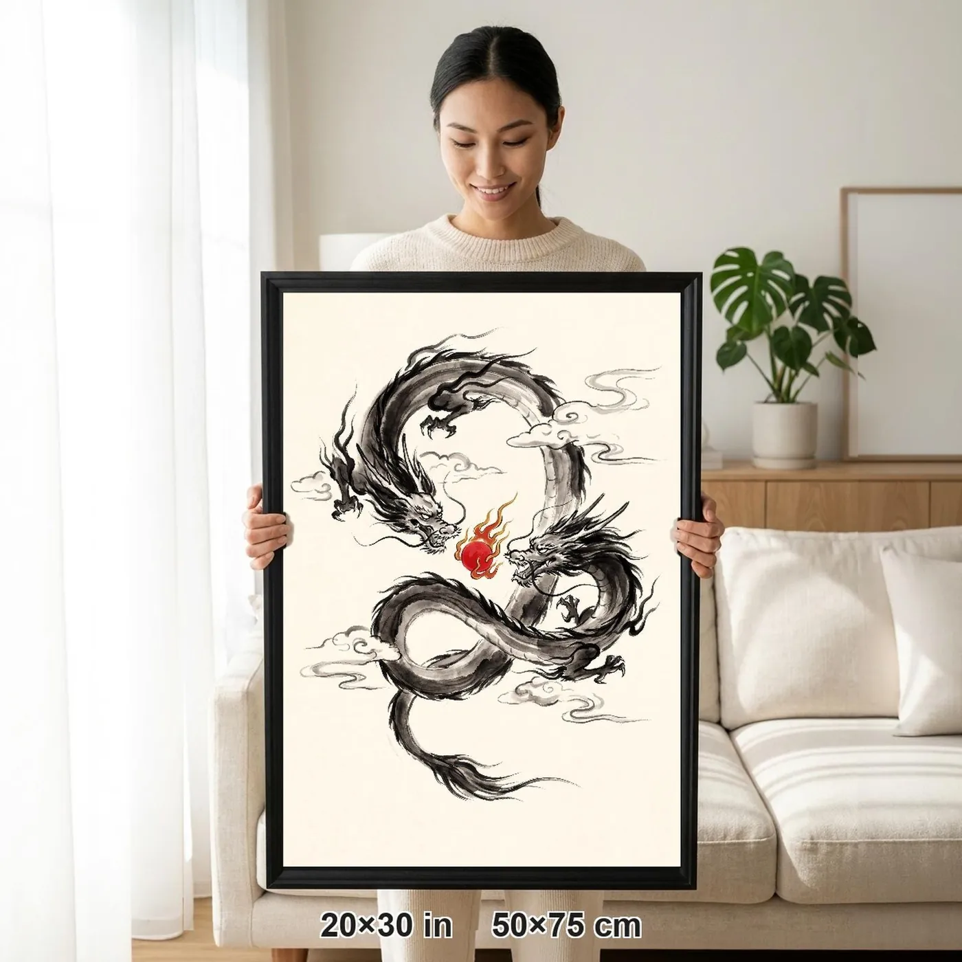 Framed Japanese Wall Art | Dragon Two Sumi-e Ink Print | Black and White Zen Decor | A1 Ready Poster Print