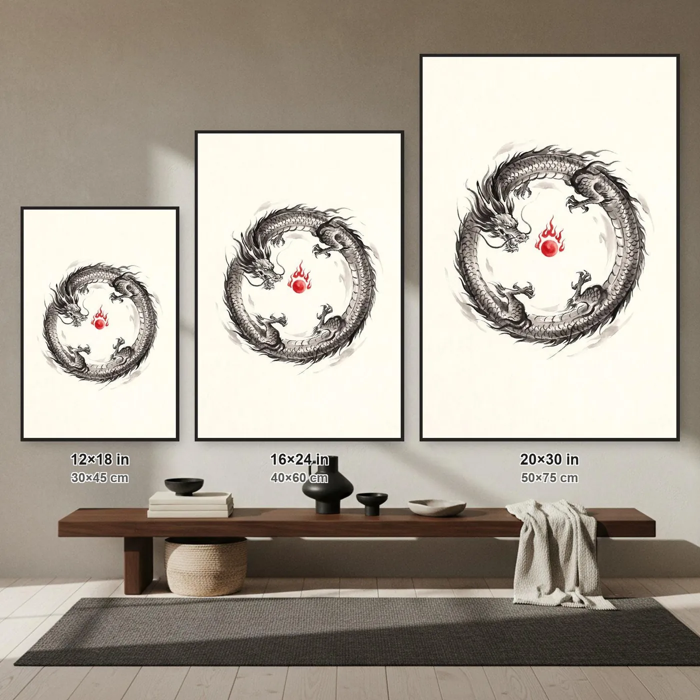 Japanese Dragon Wall Art | Circle Sumi-e Ink Print | Black and White Zen Decor | A1 Ready Poster Print | Living Room Decor