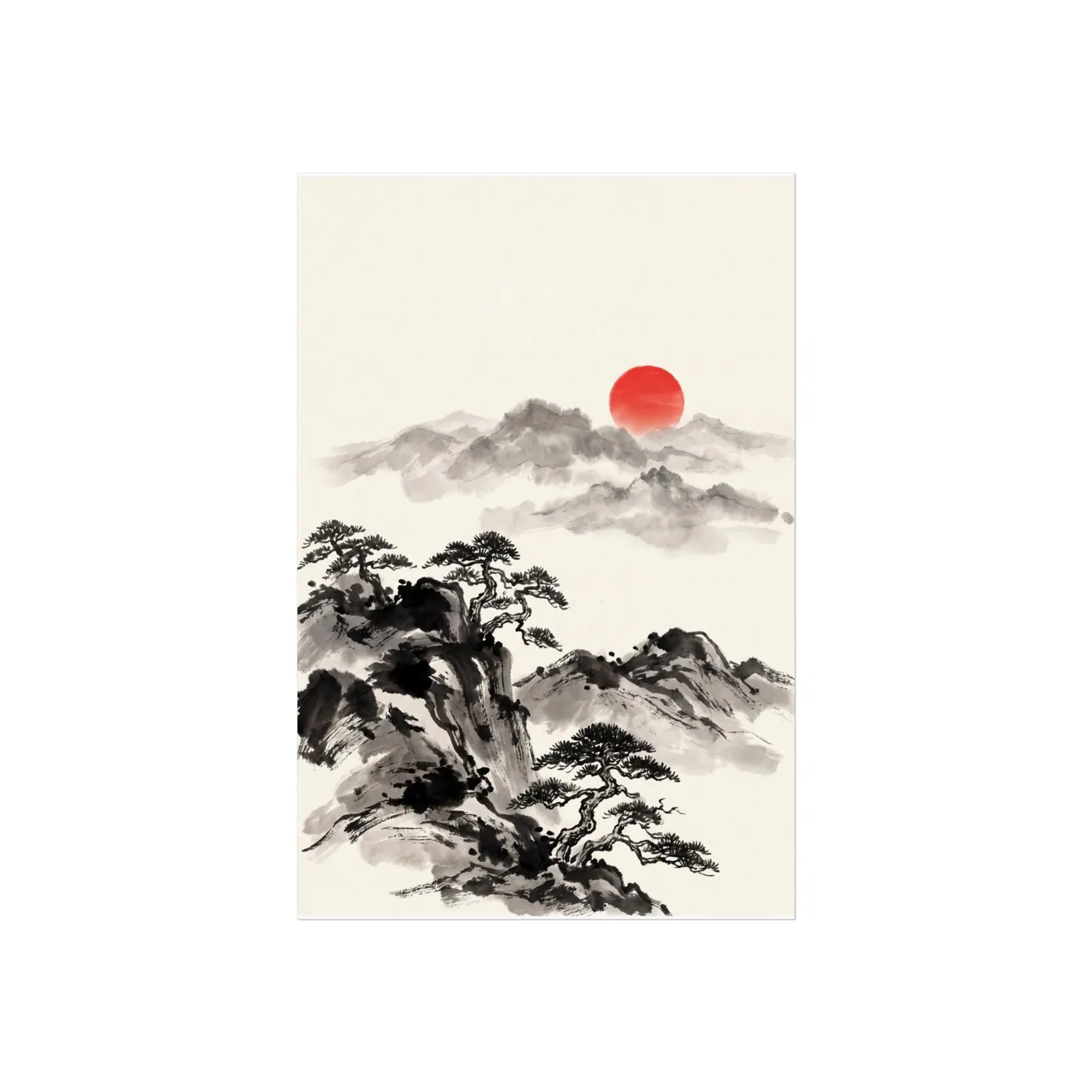 Japanese Landscape Art | Mountain Pine Ridge Mist Sumi-e Ink Print | Black and White Zen Decor | A1 Ready Poster Print