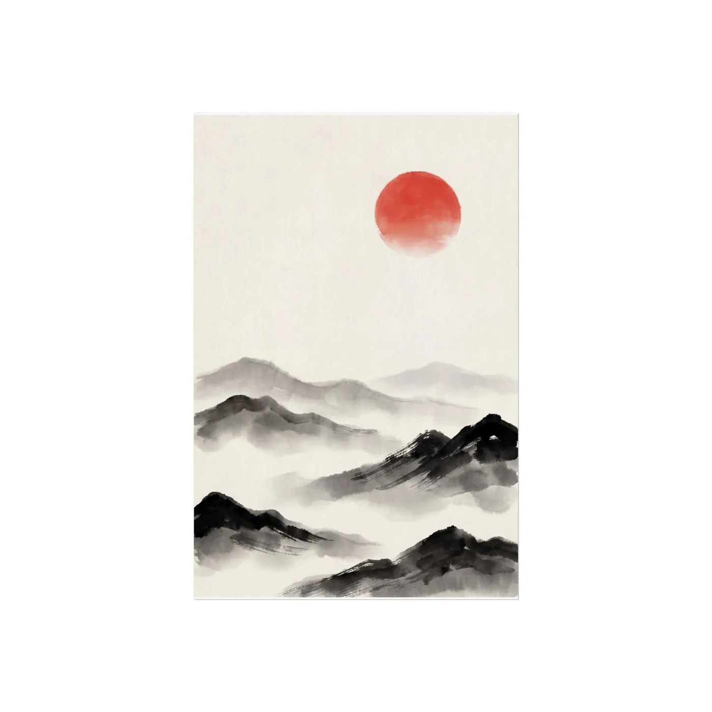 Japanese Landscape Art | Misty Mountains Red Sun Sumi-e Ink Print | Black and White Zen Decor | A1 Ready Poster Print